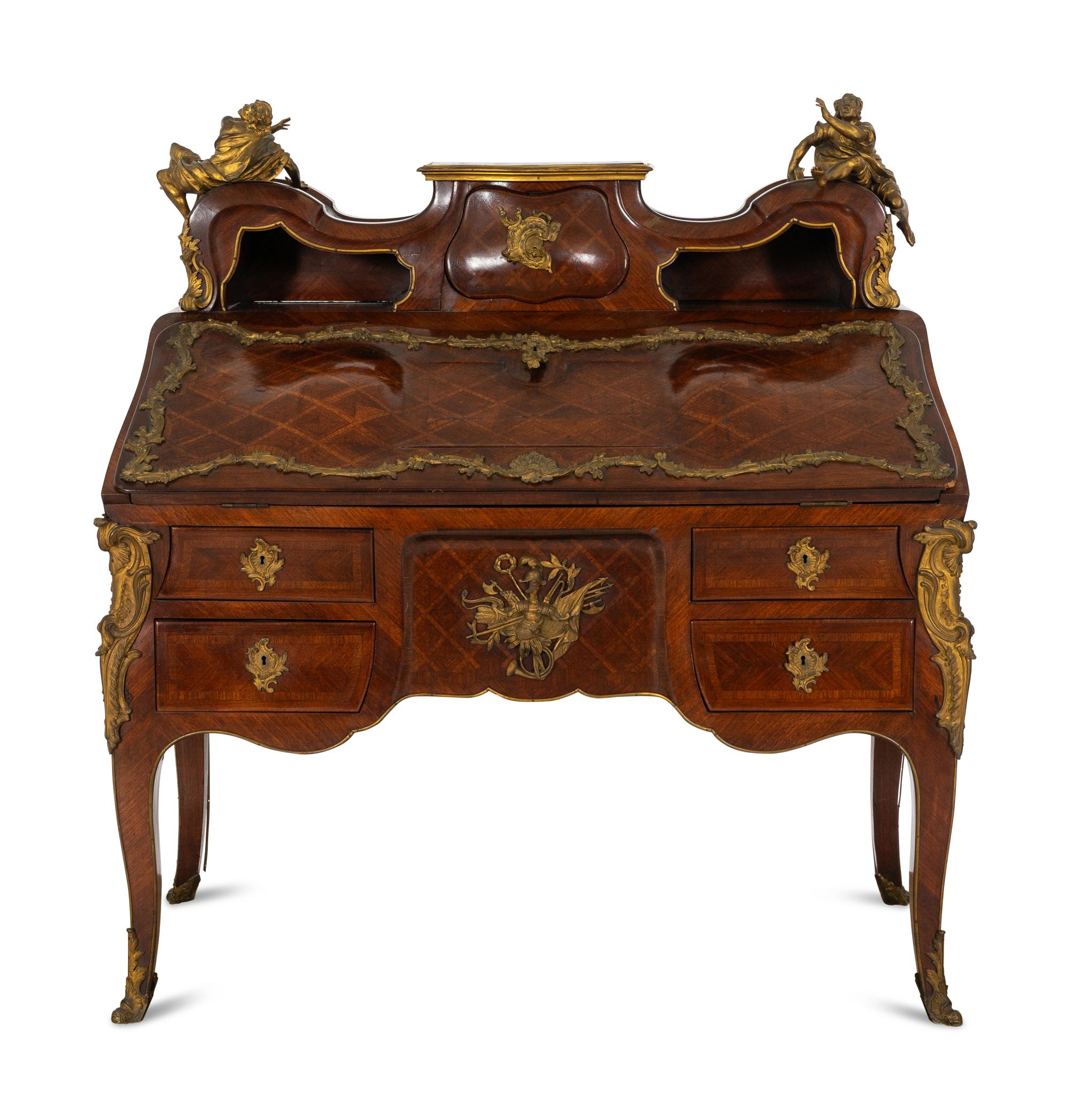 A Fine Louis XV Style Grazioli and Gaudenzi Gilt Bronze Mounted Parquetry Bureau en Pente