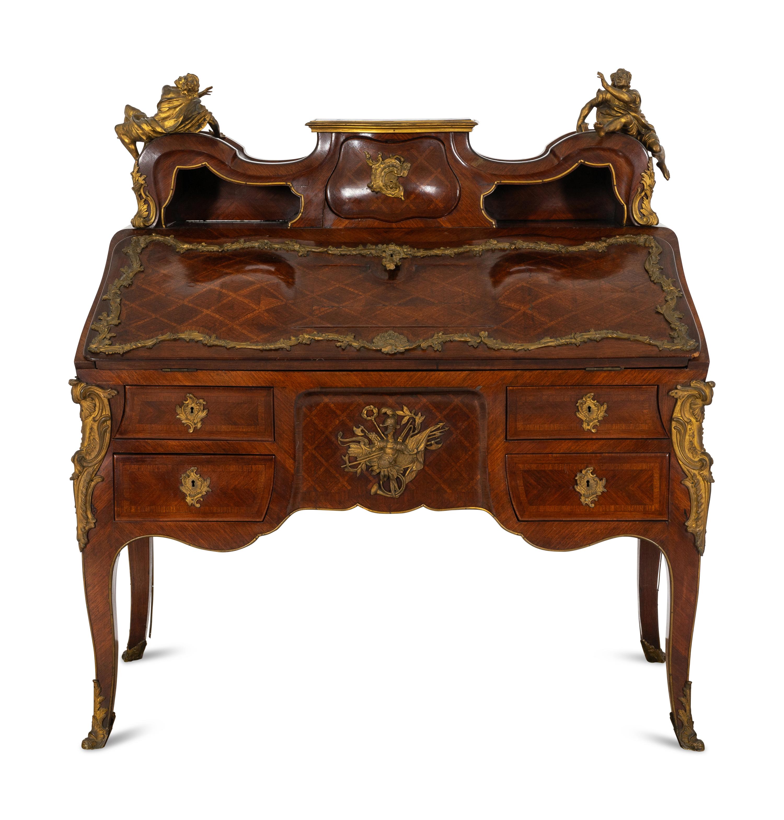 A Fine Louis XV Style Grazioli and Gaudenzi Gilt Bronze Mounted Parquetry Bureau en Pente