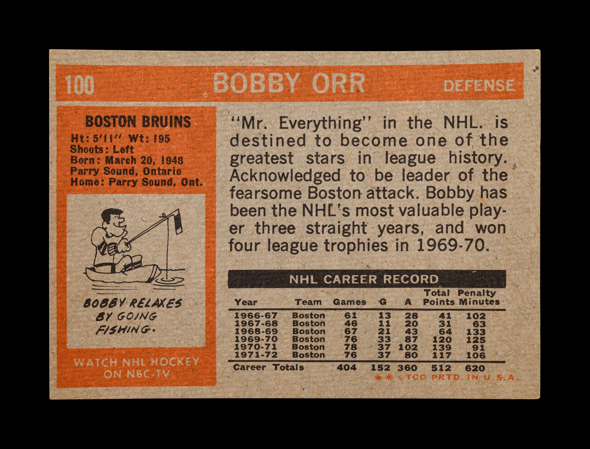 A 1972 Topps Bobby Orr No. 100 Hockey Card,