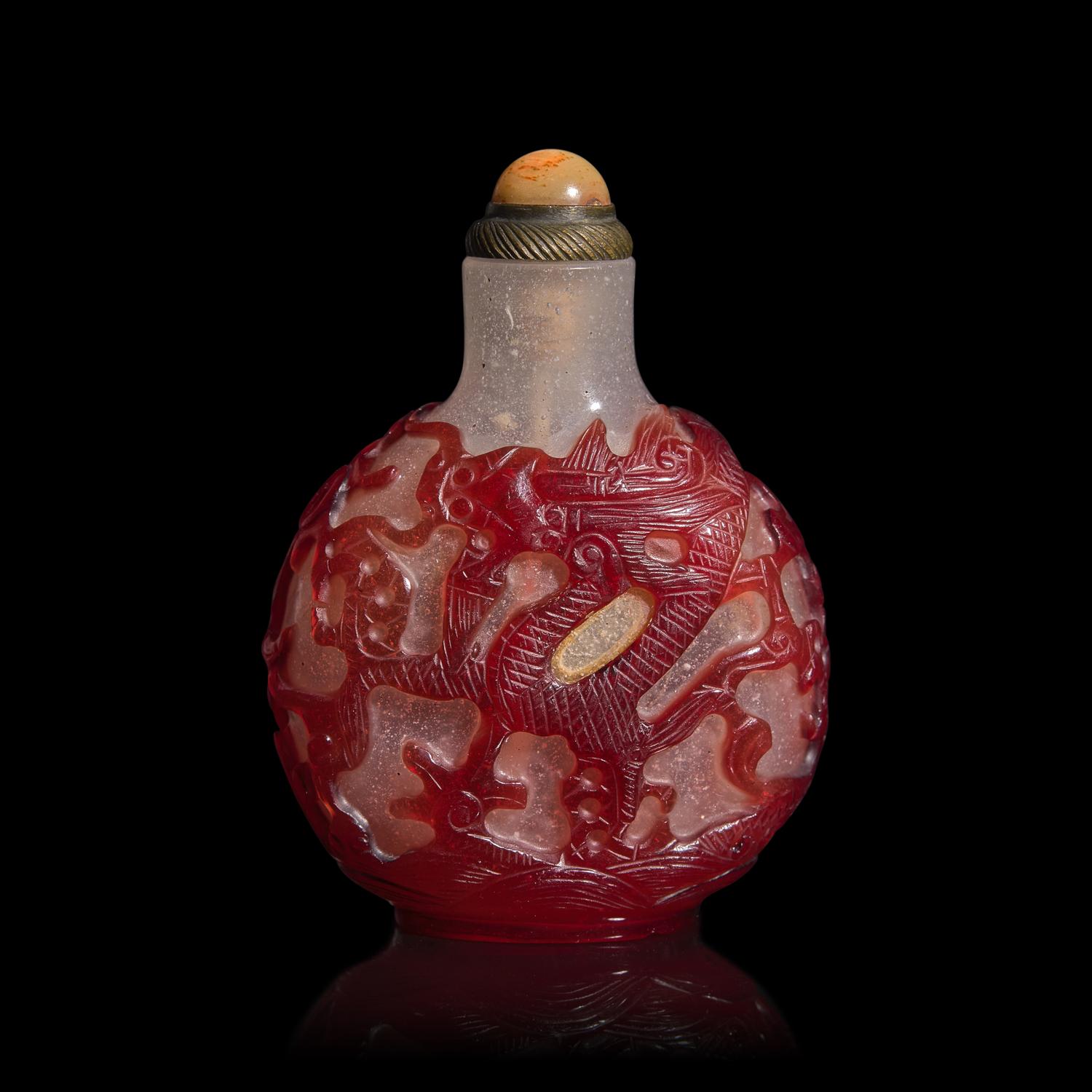 A Chinese Ruby Overlay Glass "Dragons" Snuff Bottle