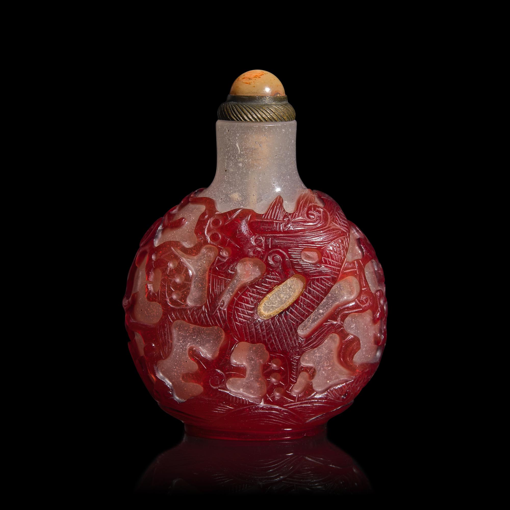 A Chinese Ruby Overlay Glass "Dragons" Snuff Bottle