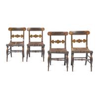 A Set of Four Classical Parcel-Gilt, Grain-Painted and Stenciled Rush-Seat Side Chairs