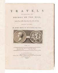 [TRAVEL & EXPLORATION]. -- BRUCE, James (1730-1794). -- Travels To Discover The Source of the Nile, In the Years 1768… 1773. Vol. I-IV. -- Select Specimens of Natural History, Collected in Travels to Discover the Source of the Nile, in Egypt, Arabia, Abyssinia, and Nubia . Vol. V. -- Edinburgh: G.G.J. and J. Robinson, 1790.