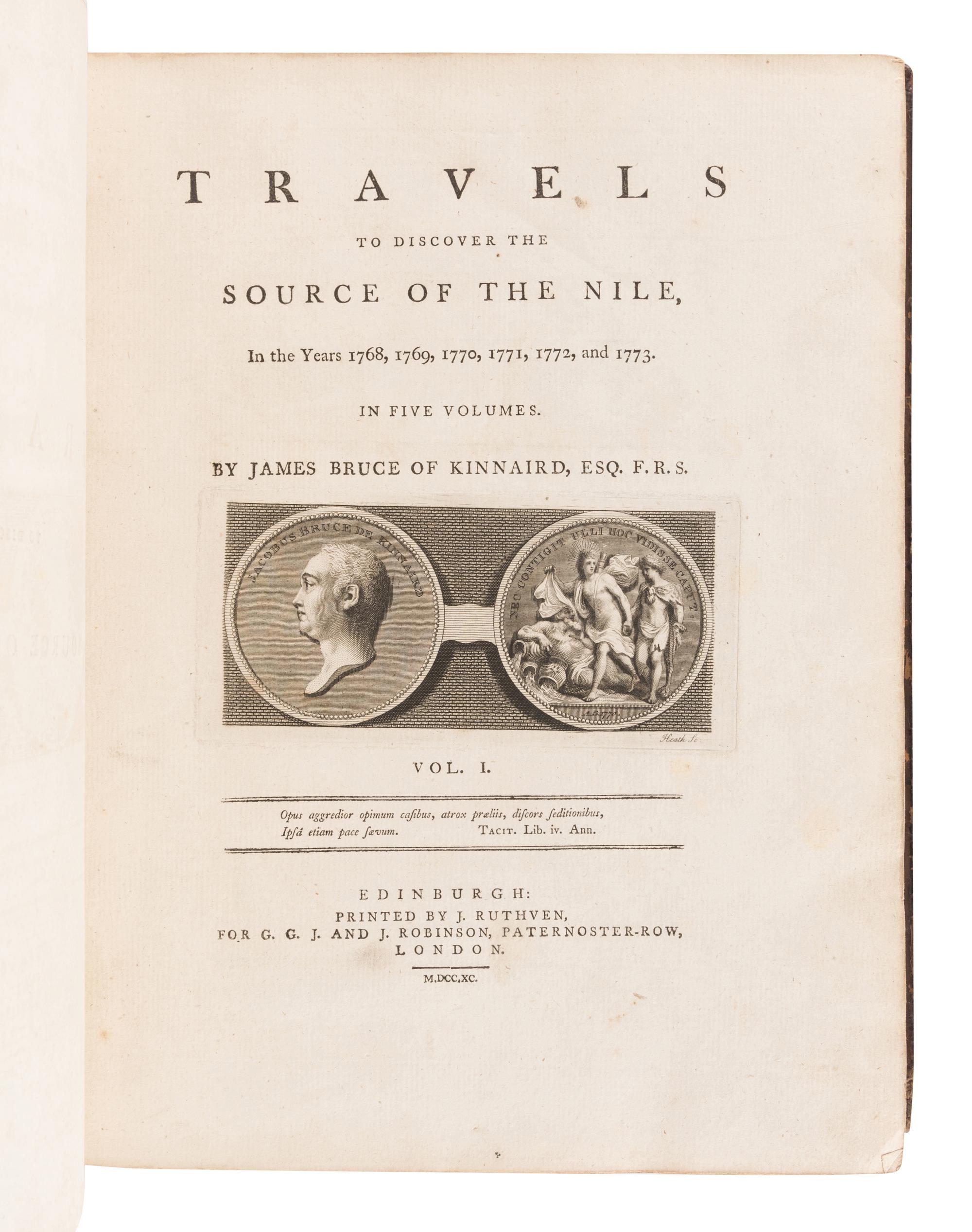 [TRAVEL & EXPLORATION]. -- BRUCE, James (1730-1794). -- Travels To Discover The Source of the Nile, In the Years 1768… 1773. Vol. I-IV. -- Select Specimens of Natural History, Collected in Travels to Discover the Source of the Nile, in Egypt, Arabia, Abyssinia, and Nubia . Vol. V. -- Edinburgh: G.G.J. and J. Robinson, 1790.