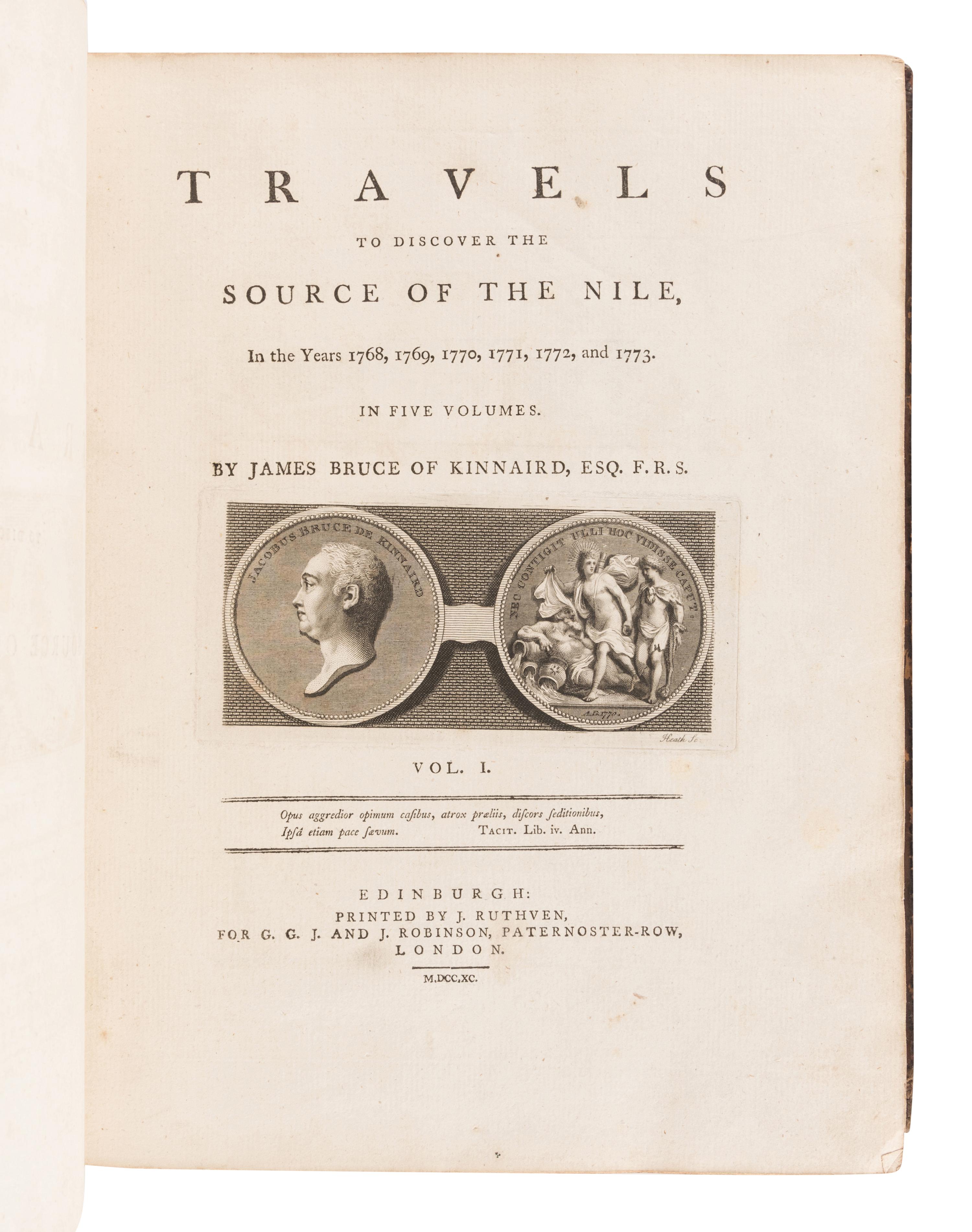 [TRAVEL & EXPLORATION]. -- BRUCE, James (1730-1794). -- Travels To Discover The Source of the Nile, In the Years 1768… 1773. Vol. I-IV. -- Select Specimens of Natural History, Collected in Travels to Discover the Source of the Nile, in Egypt, Arabia, Abyssinia, and Nubia . Vol. V. -- Edinburgh: G.G.J. and J. Robinson, 1790.