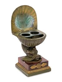 A French Bronze and Marble Dolphin and Shell Ink Stand