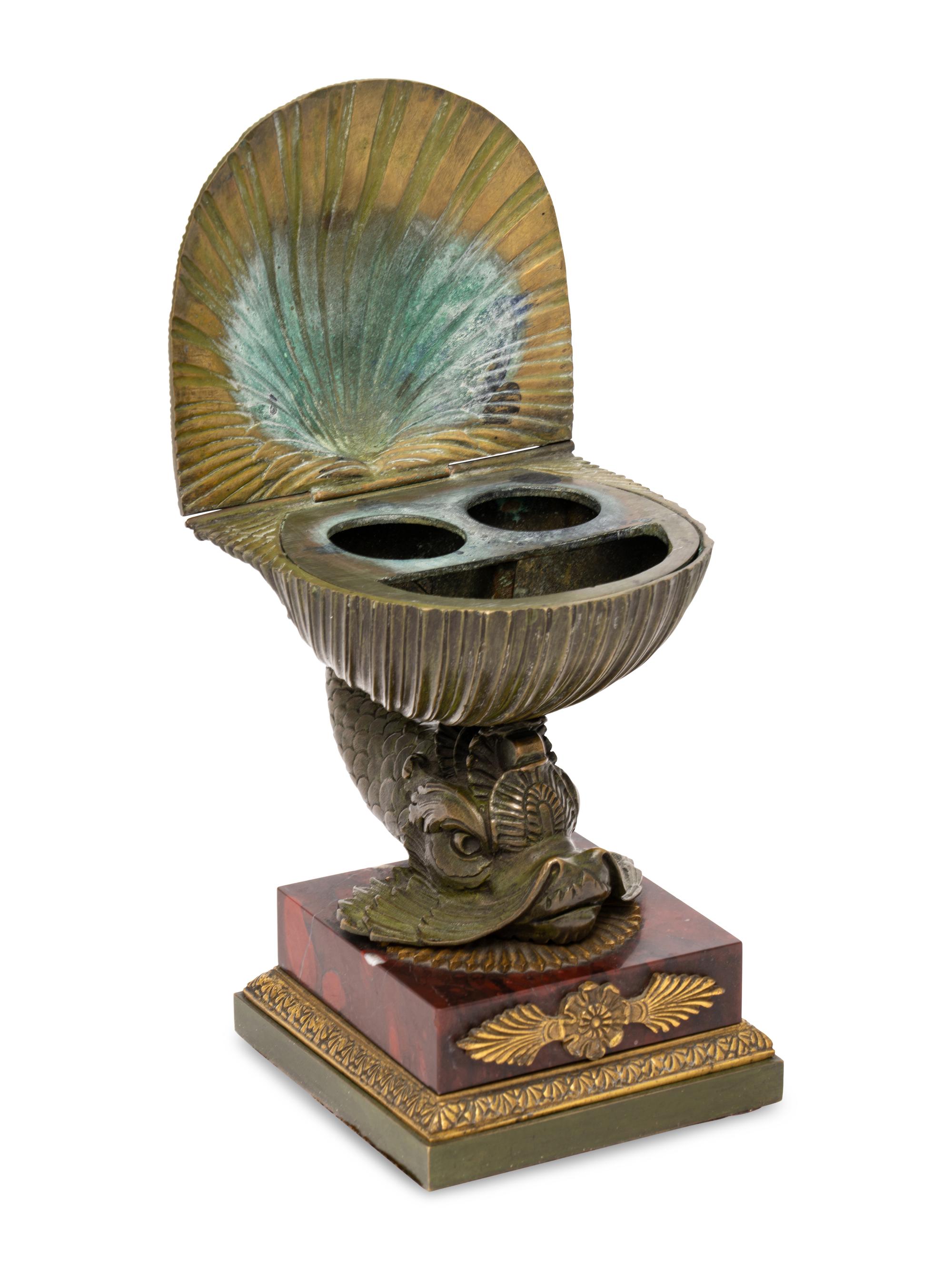 A French Bronze and Marble Dolphin and Shell Ink Stand