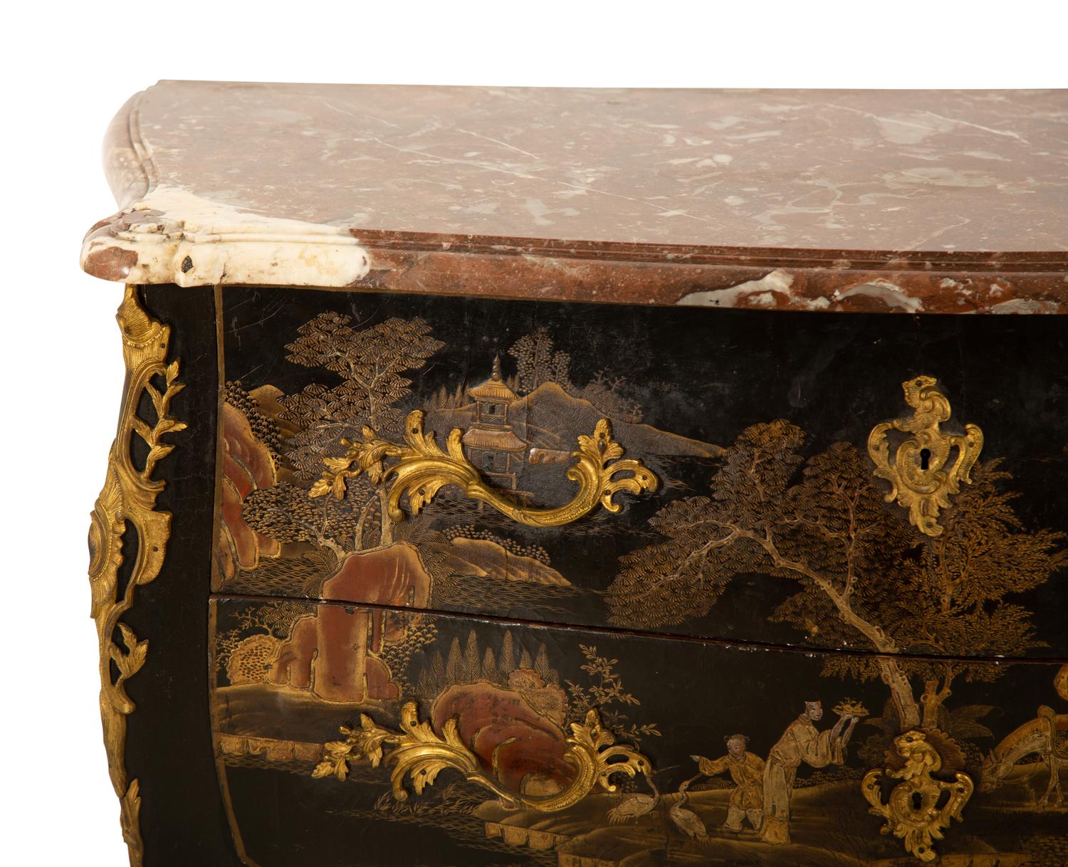A Louis XV Gilt Bronze Mounted Lacquered Marble-Top Commode
