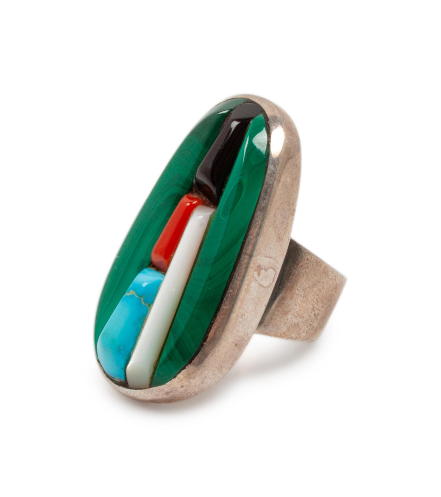 Silver Ring, with Malachite, Jet, Coral, Turquoise, and Shell Inlay