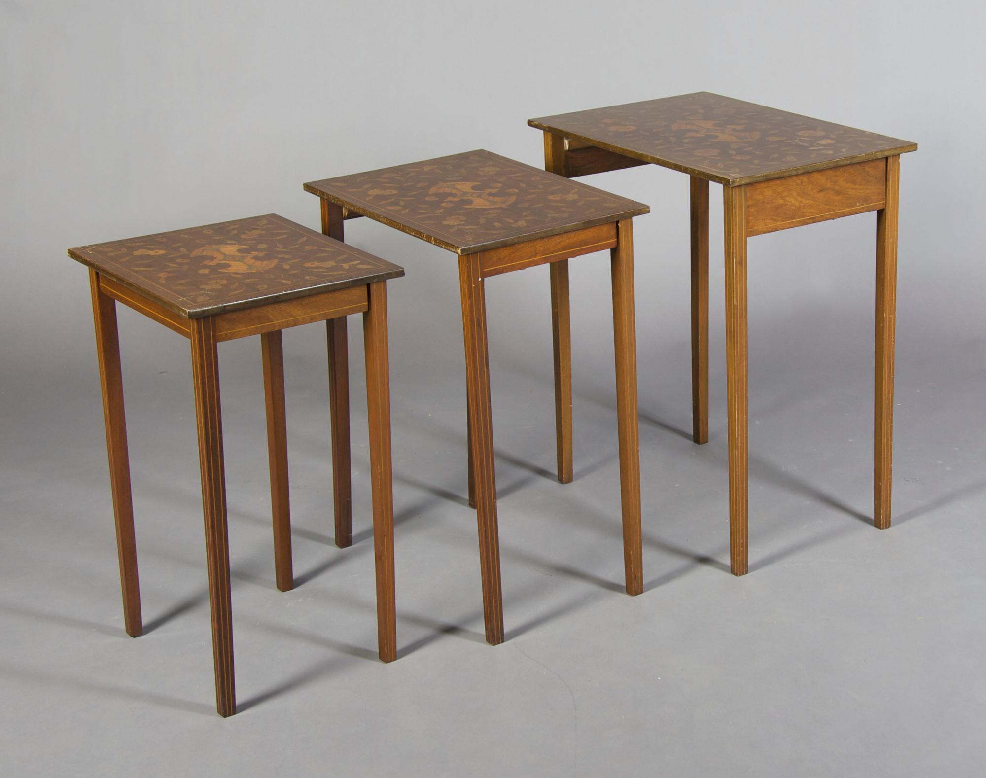 A Set of Three Marquetry Nesting Tables, Height of tallest 27 3/4 inches.