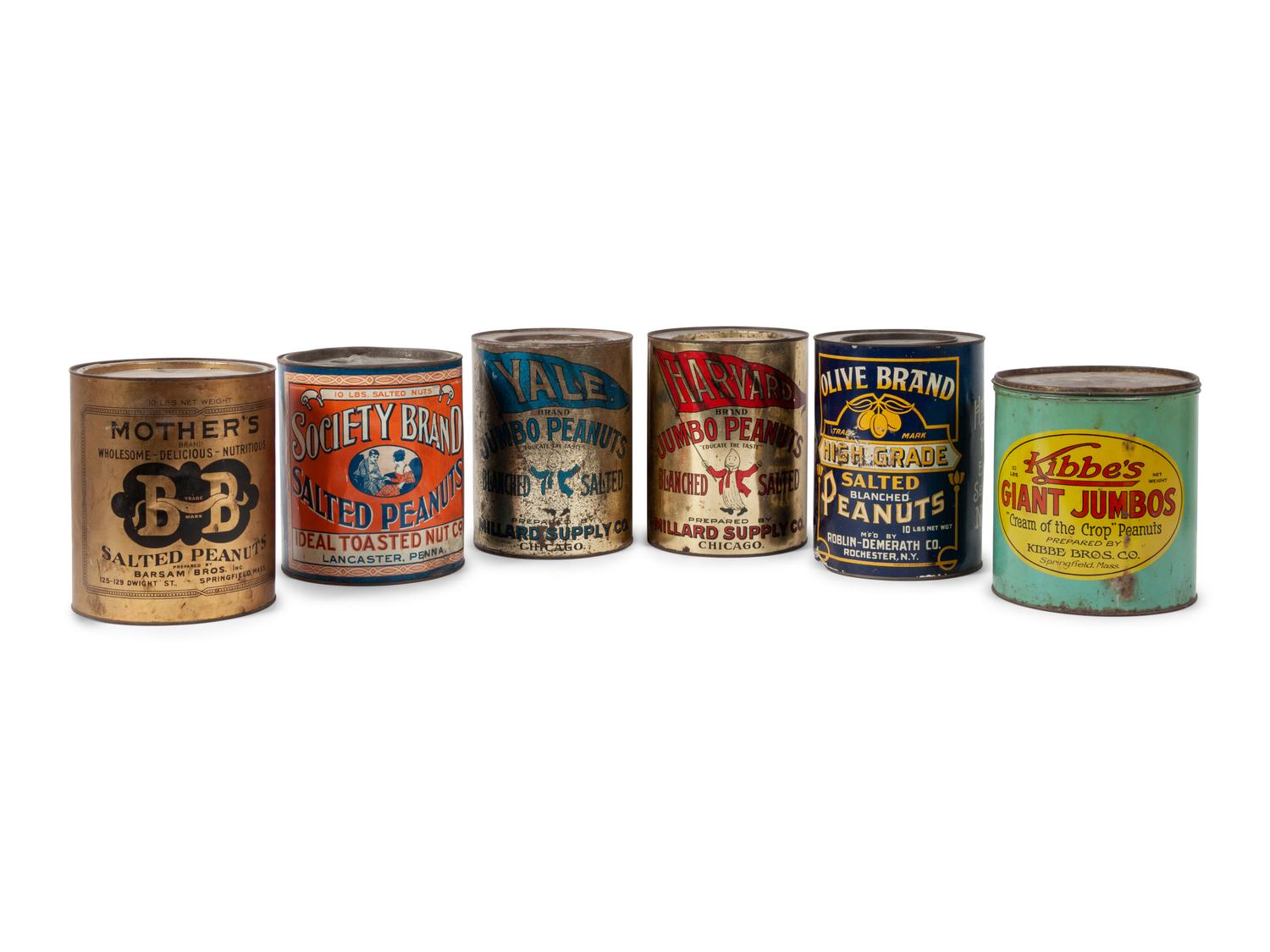 A Group of Six Salted Peanut Tins