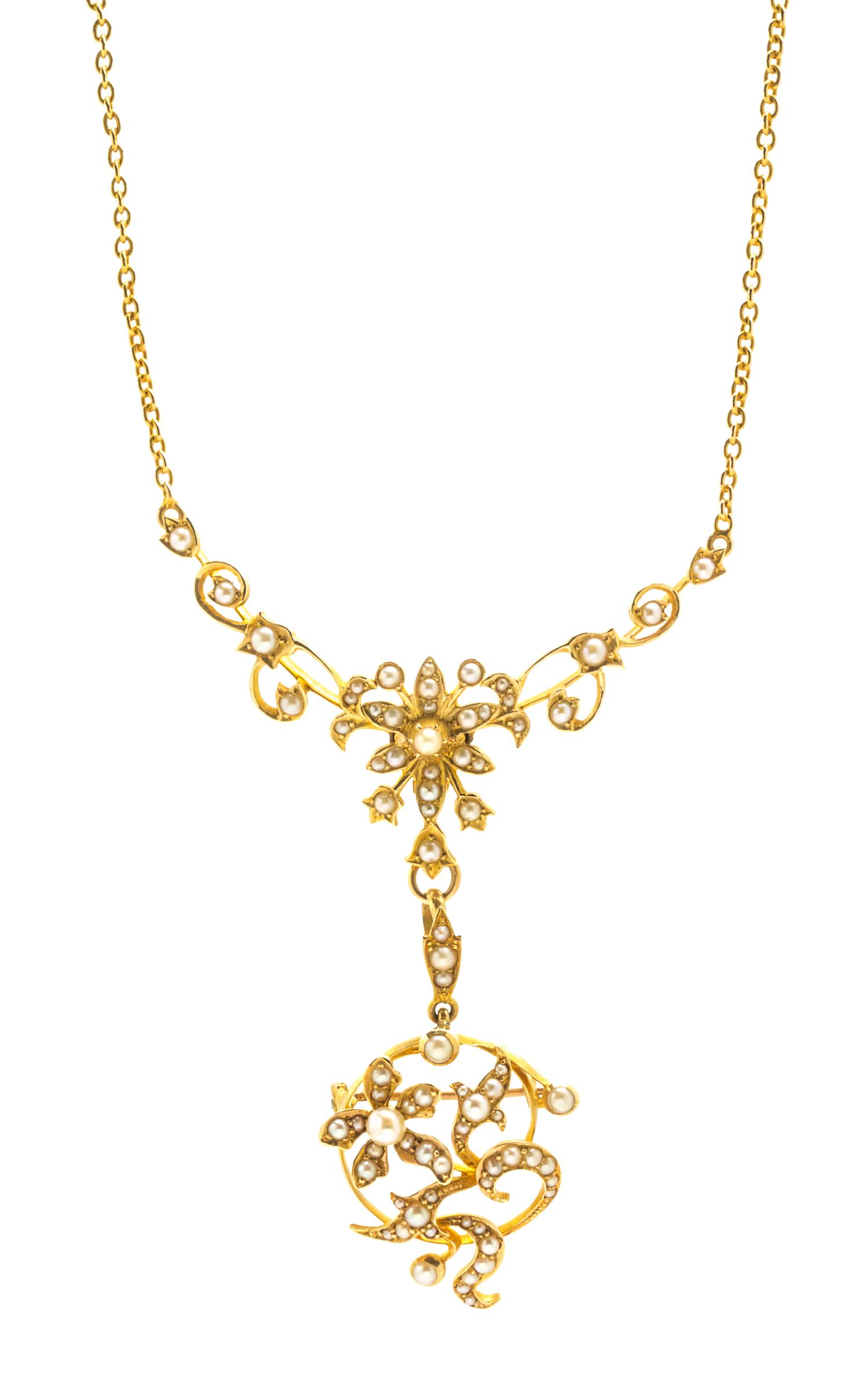 A 14 Karat Yellow Gold and Seed Pearl Articulated Necklace/Brooch, 7.60 dwts.