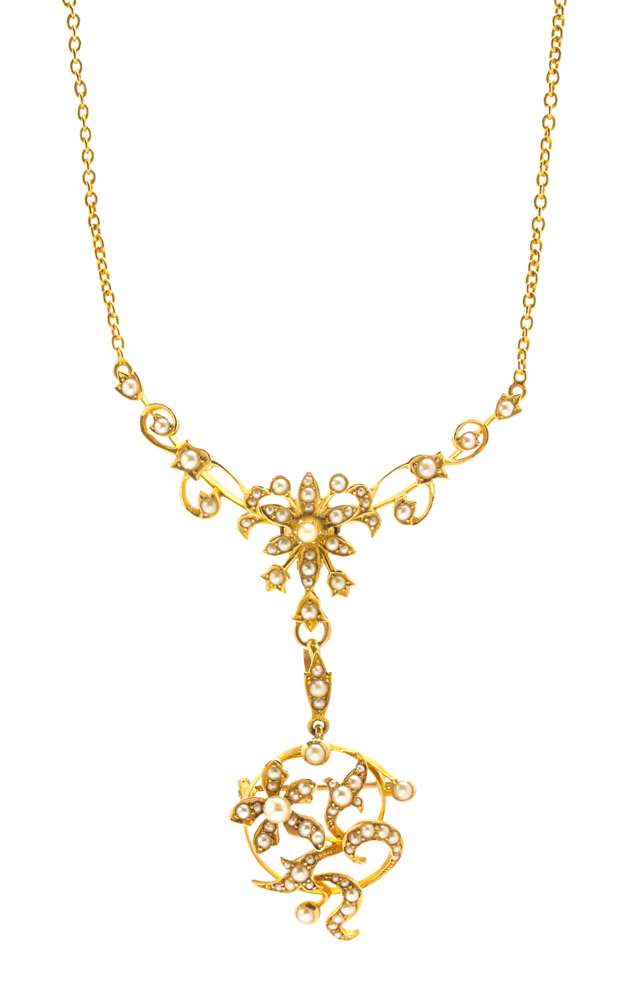 A 14 Karat Yellow Gold and Seed Pearl Articulated Necklace/Brooch, 7.60 dwts.
