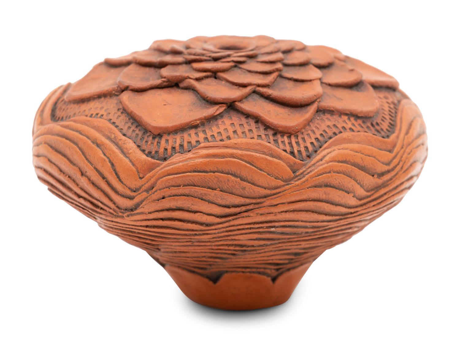 Floral Redware Seed Jar, Corrugations