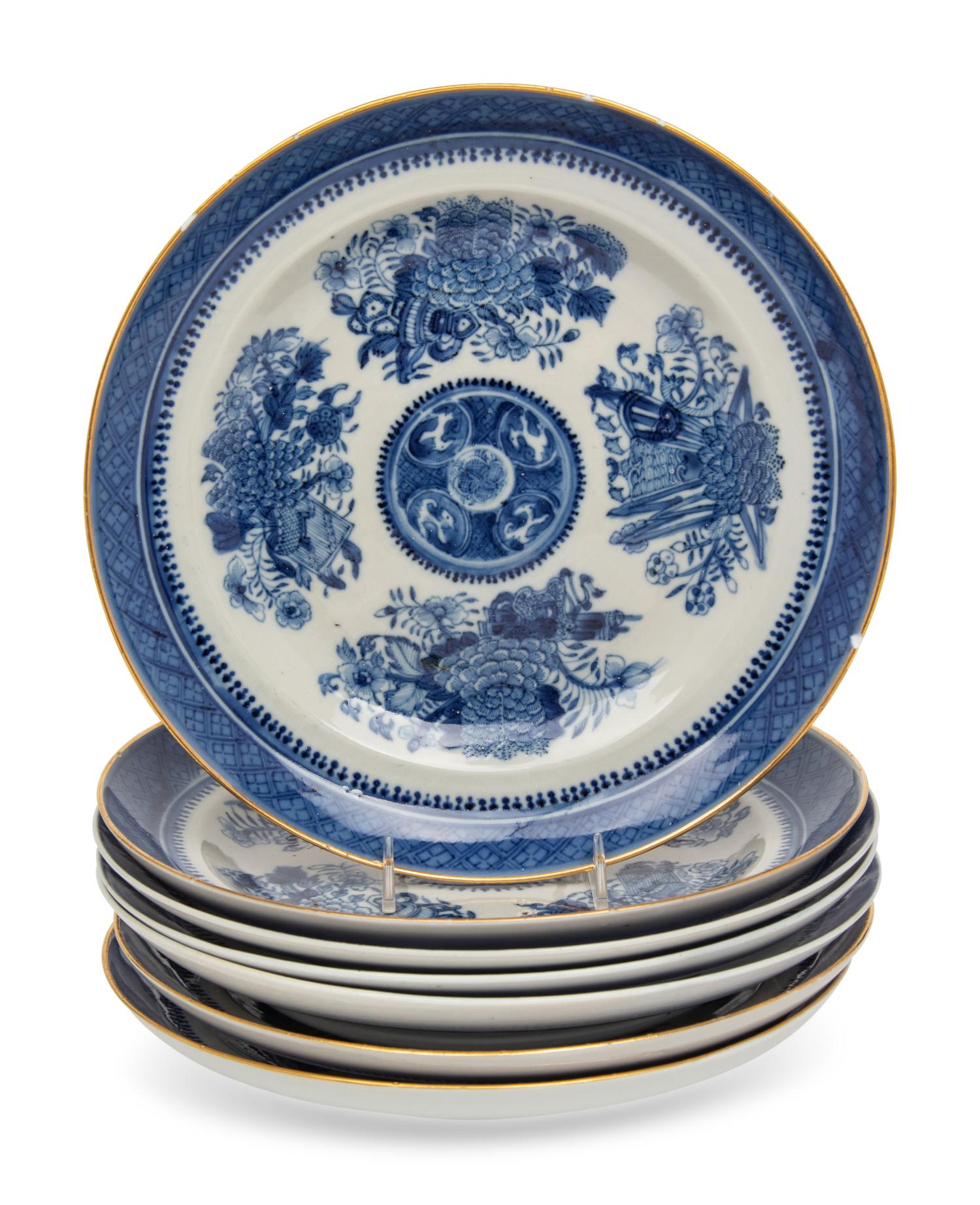 Seven Chinese Export Blue and White Porcelain “Fitzhugh” Dishes