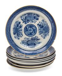 Seven Chinese Export Blue and White Porcelain “Fitzhugh” Dishes