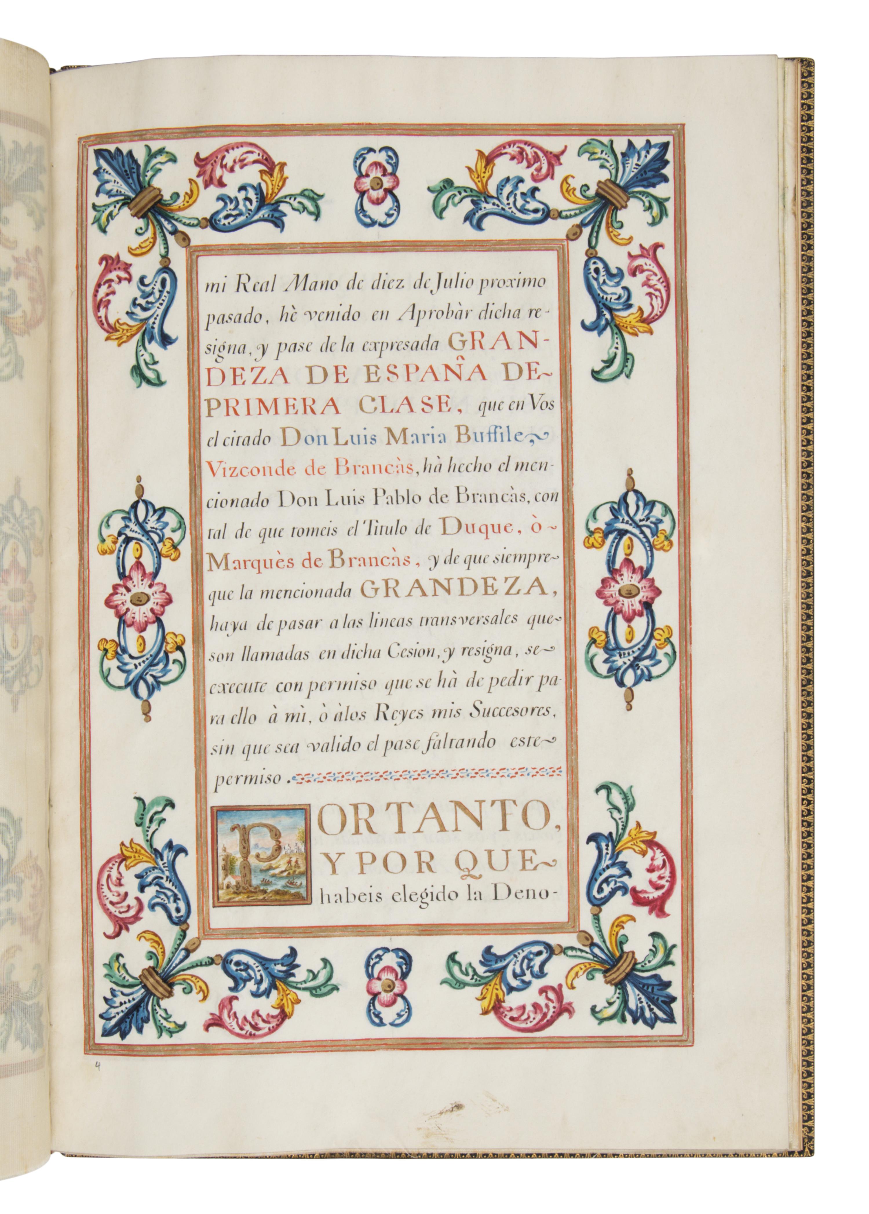 SPANISH ROYAL CHANCERY Carta ejecutoria de hidalguía (for Don Luis María Buffile de Brancàs), in Spanish, illuminated manuscript on parchment [Spain, Madrid (issued at San Ildefonso), 1785]