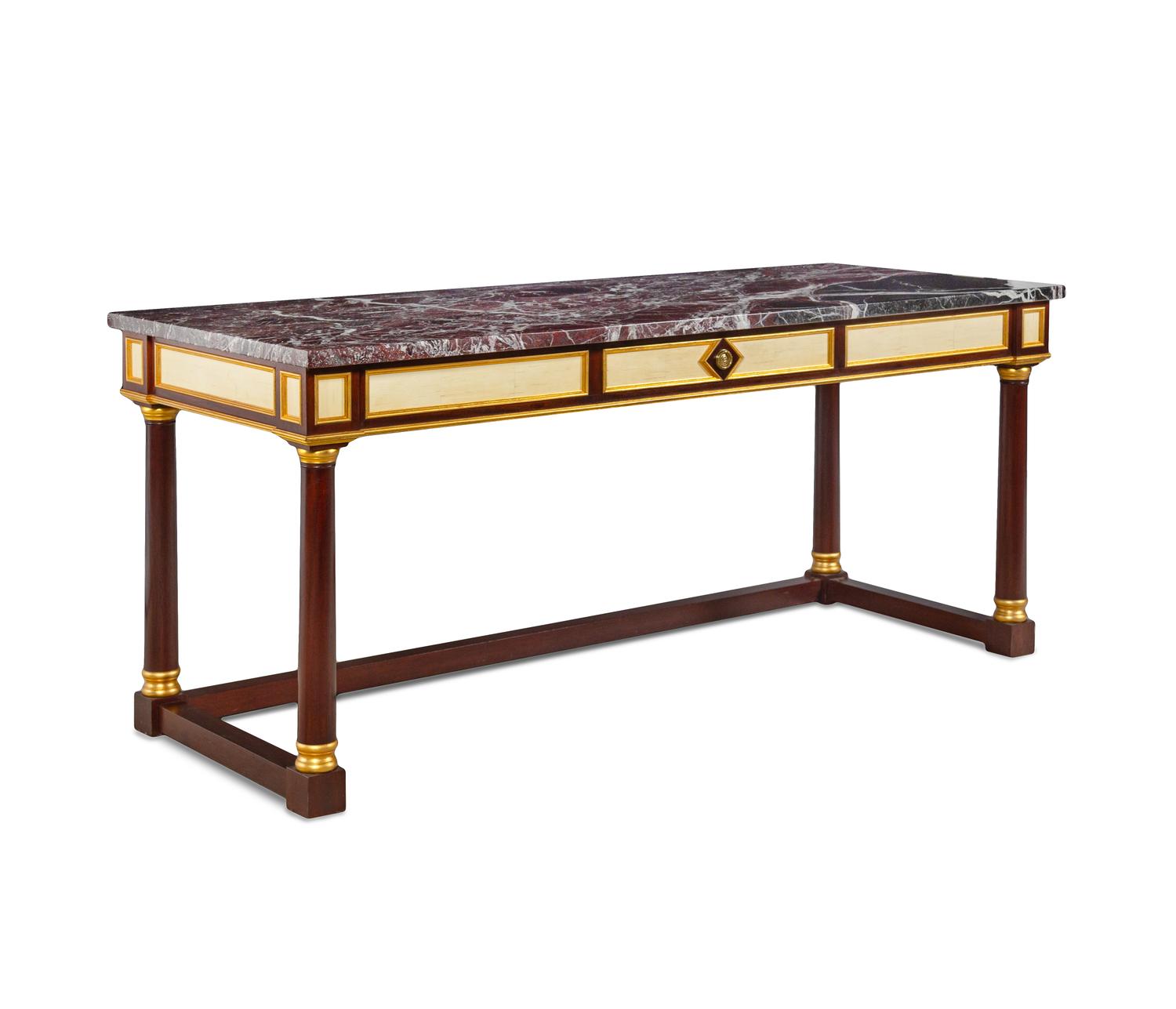 A Neoclassical Style Parcel Gilt Mahogany Marble-Top Library Table