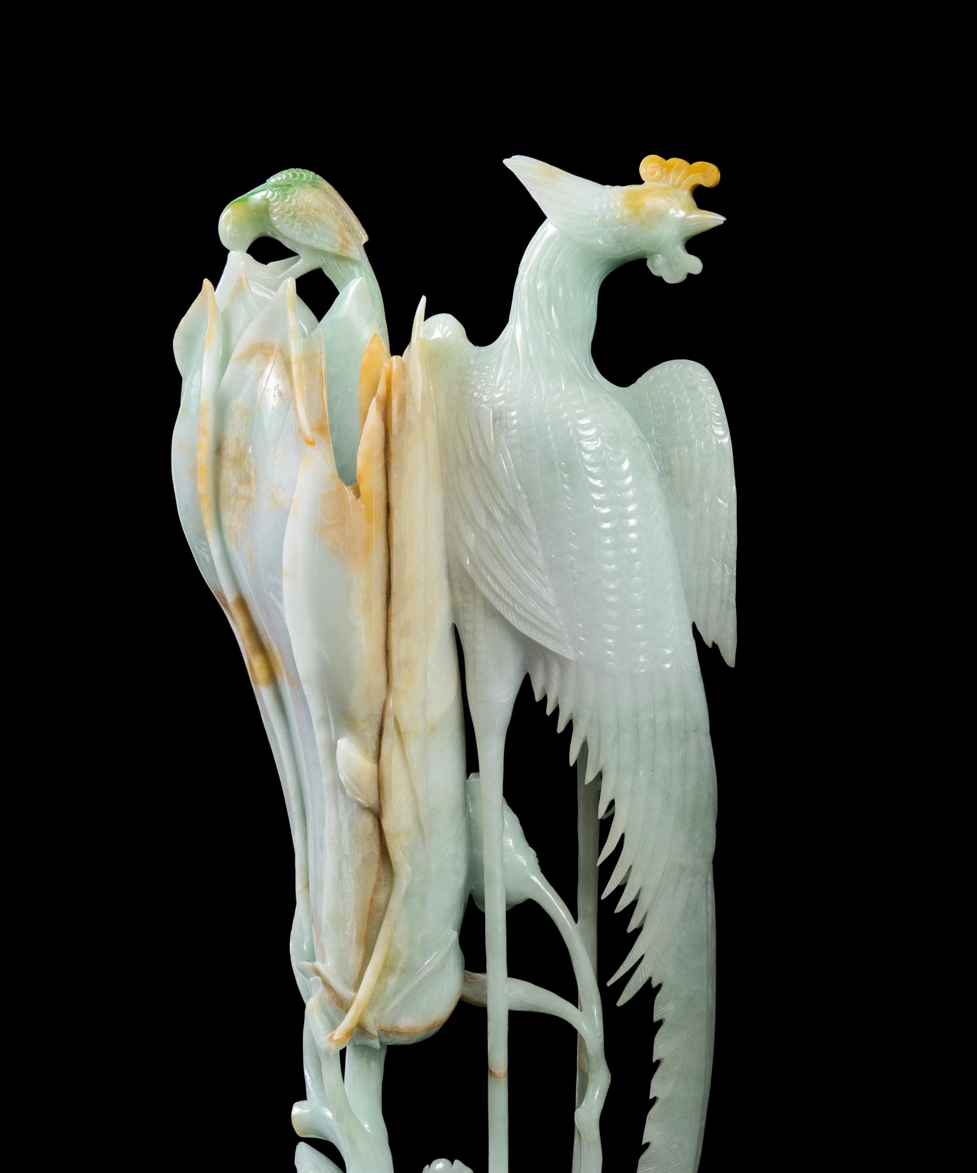 A Pair of Unusual Large Chinese Greenish-White Jadeite Phoenix Birds and Vase Group LATE QING DYNASTY Height of taller 15 inches. — LATE QING DYNASTY