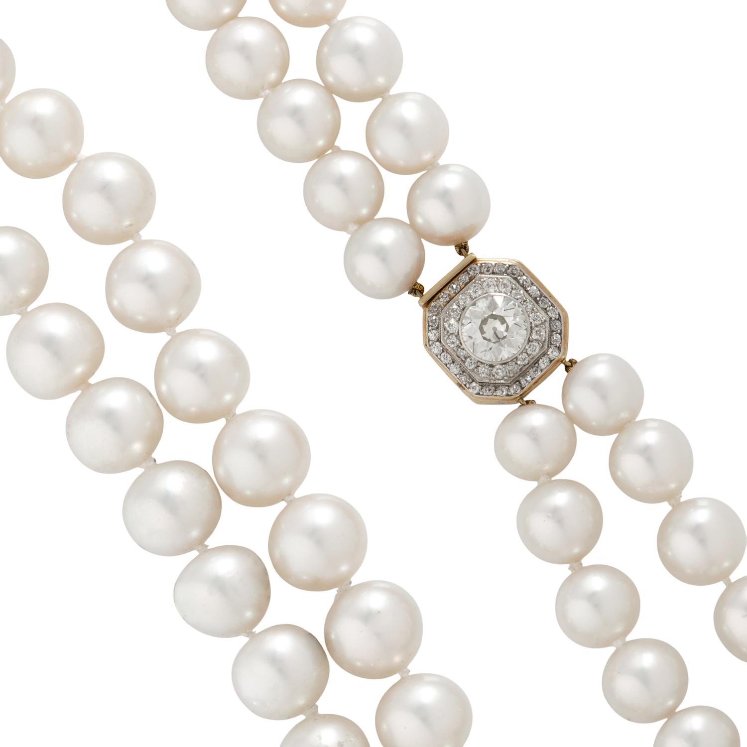 DOUBLE STRAND CULTURED PEARL AND DIAMOND NECKLACE