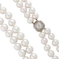 DOUBLE STRAND CULTURED PEARL AND DIAMOND NECKLACE