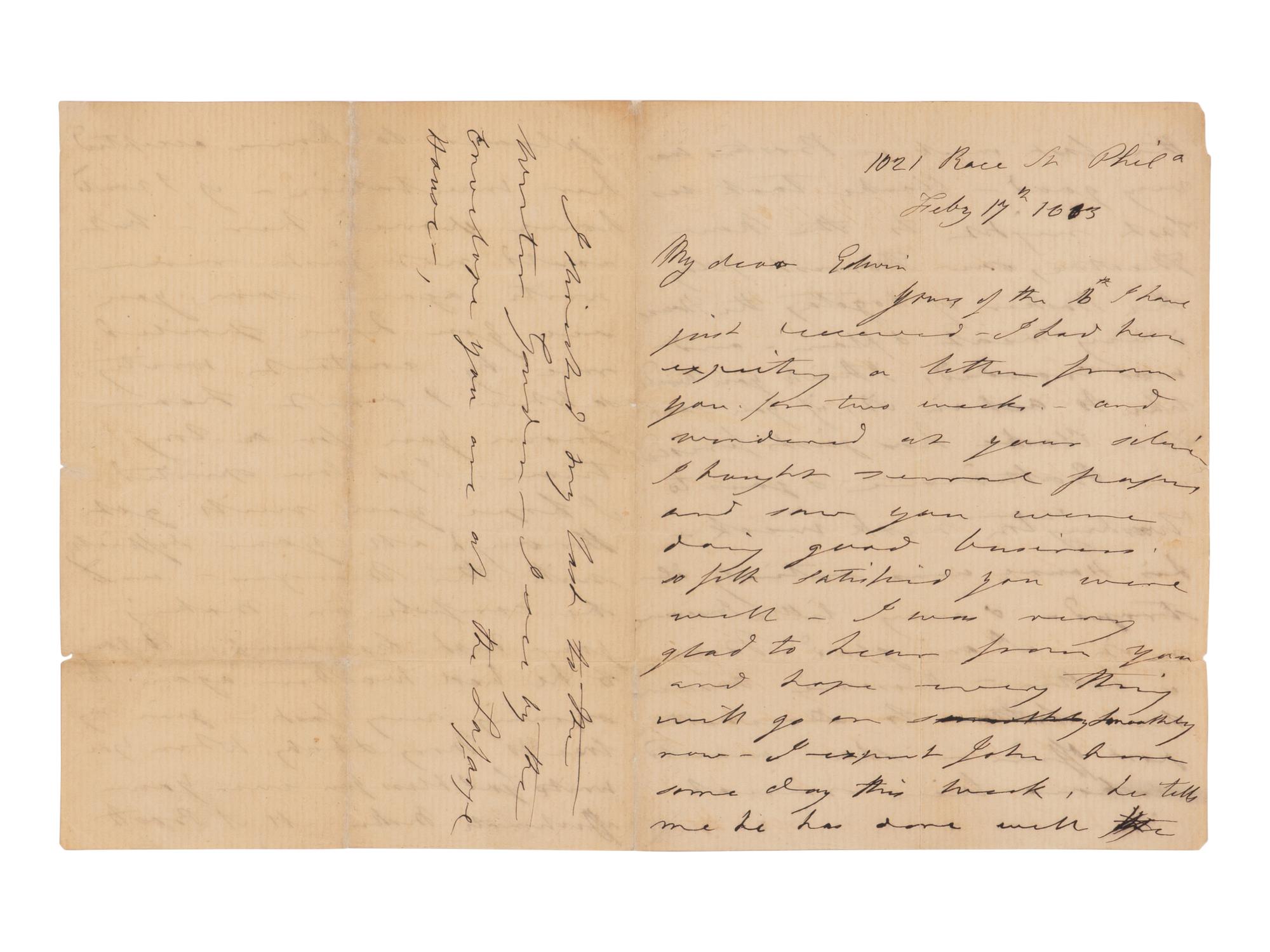 [BOOTH, John Wilkes (1838-1865)]. BOOTH, Mary Ann Holmes (1802-1885). Autograph letter signed ("Mother M.A. Booth") to Edwin Booth, Philadelphia, 17 February 1863.