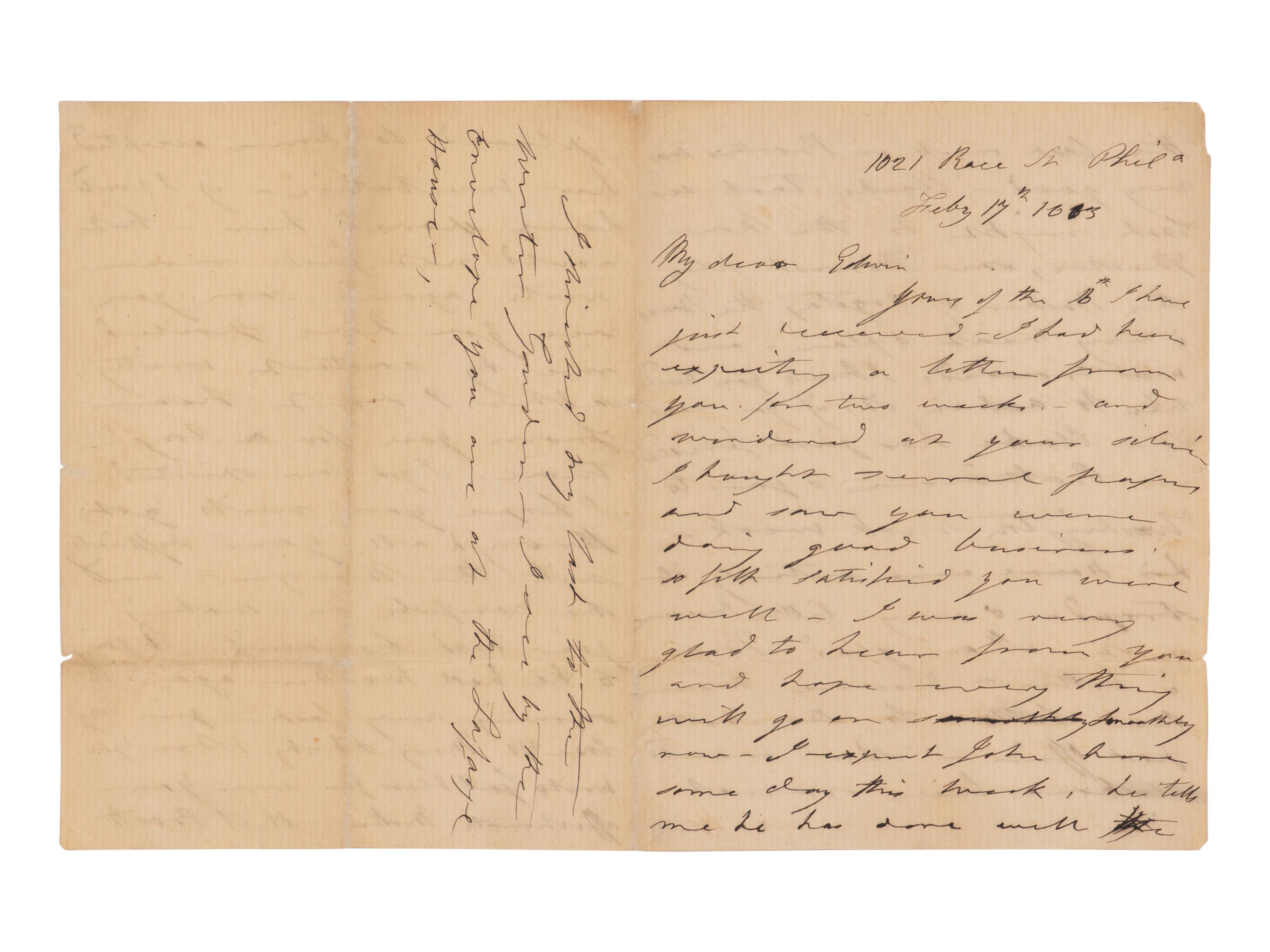 [BOOTH, John Wilkes (1838-1865)]. BOOTH, Mary Ann Holmes (1802-1885). Autograph letter signed ("Mother M.A. Booth") to Edwin Booth, Philadelphia, 17 February 1863.