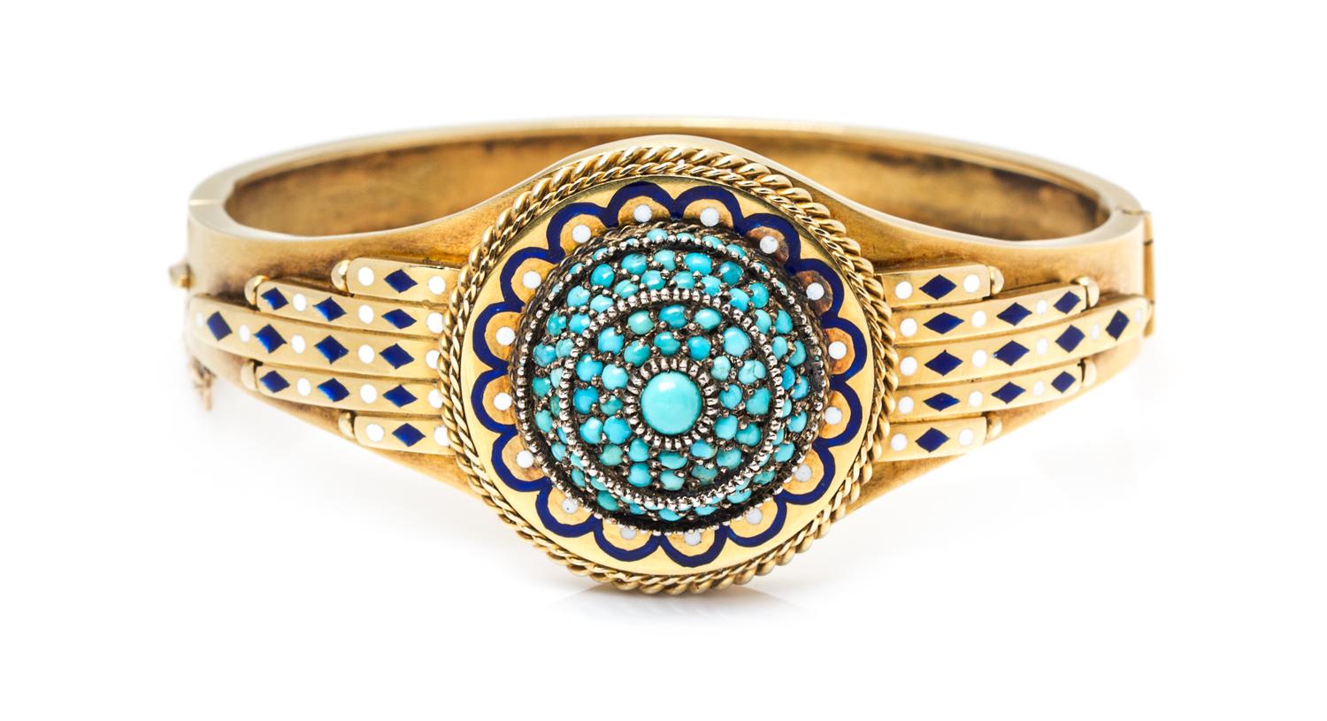 An Egyptian Revival Gold, Silver, Turquoise and Polychrome Enamel Bangle Bracelet, 29.60 dwts.