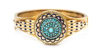 An Egyptian Revival Gold, Silver, Turquoise and Polychrome Enamel Bangle Bracelet, 29.60 dwts.