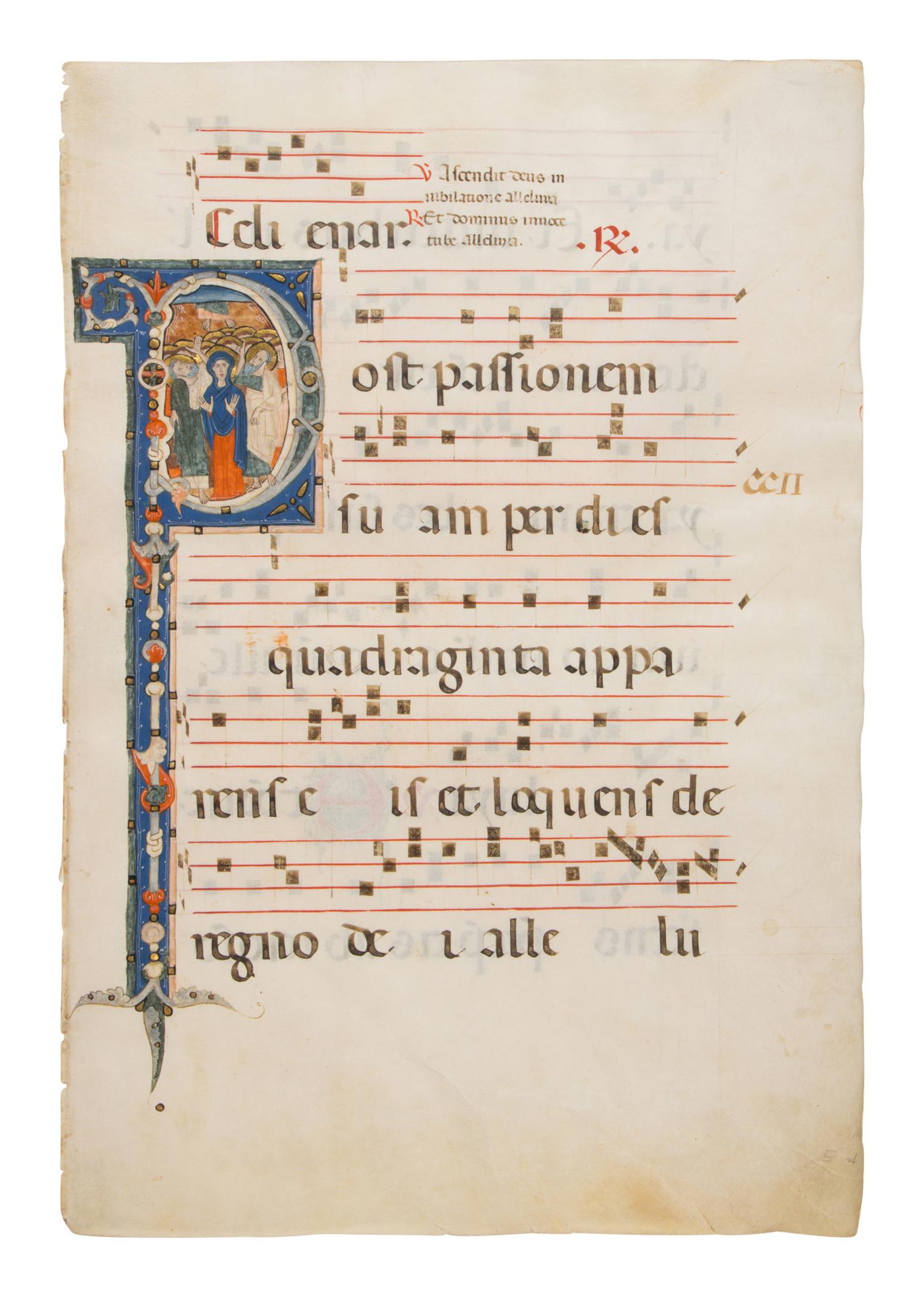 MASTER OF SANT’ALESSIO IN BIGIANO (active ca. 1275–1300) Leaf with a historiated initial ‘P’ of The Ascension from an Antiphonary, in Latin, illuminated manuscript on parchment [Florence, ca. 1280–1285]