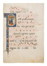 MASTER OF SANT’ALESSIO IN BIGIANO (active ca. 1275–1300) Leaf with a historiated initial ‘P’ of The Ascension from an Antiphonary, in Latin, illuminated manuscript on parchment [Florence, ca. 1280–1285]