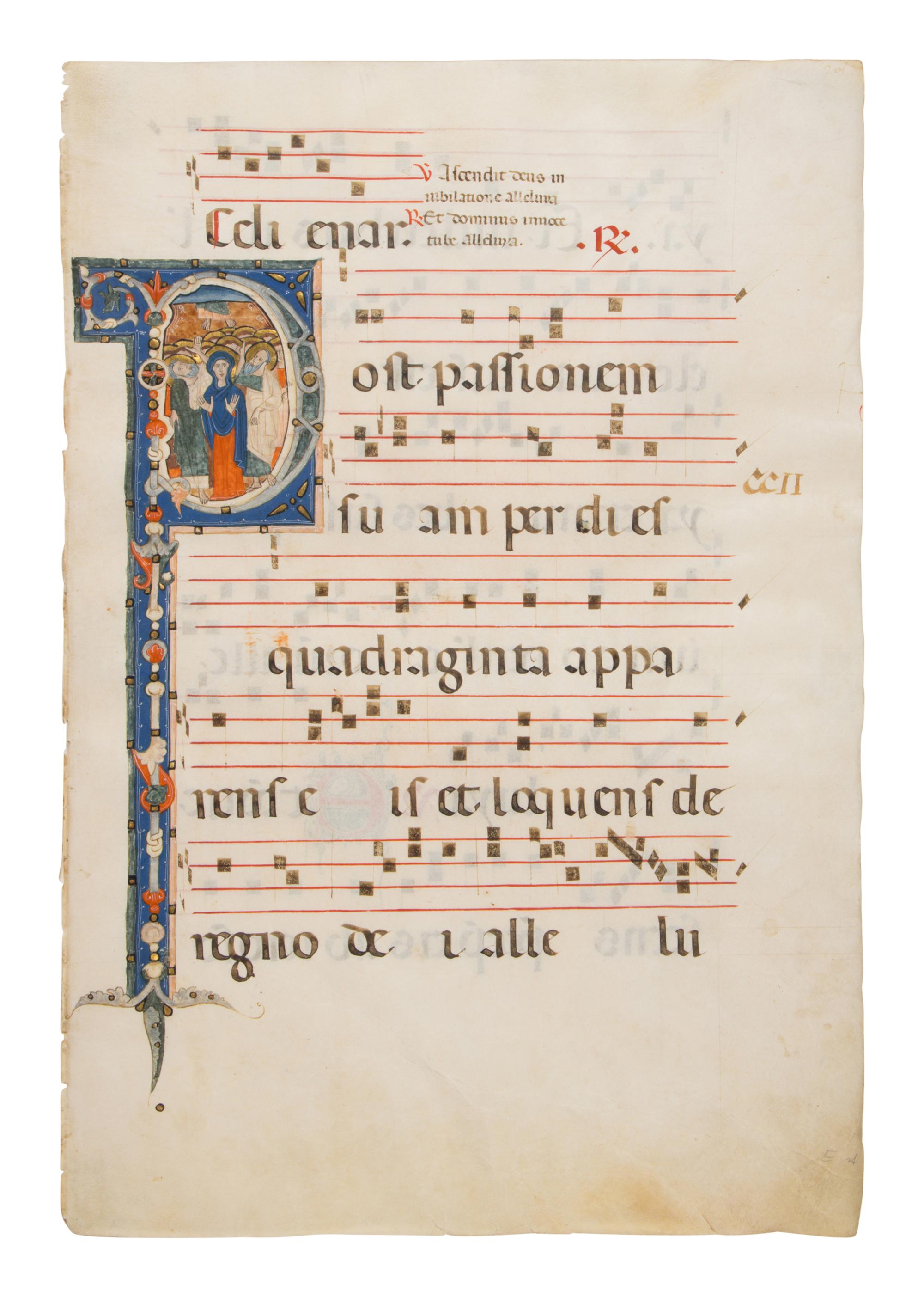 MASTER OF SANT’ALESSIO IN BIGIANO (active ca. 1275–1300) Leaf with a historiated initial ‘P’ of The Ascension from an Antiphonary, in Latin, illuminated manuscript on parchment [Florence, ca. 1280–1285]