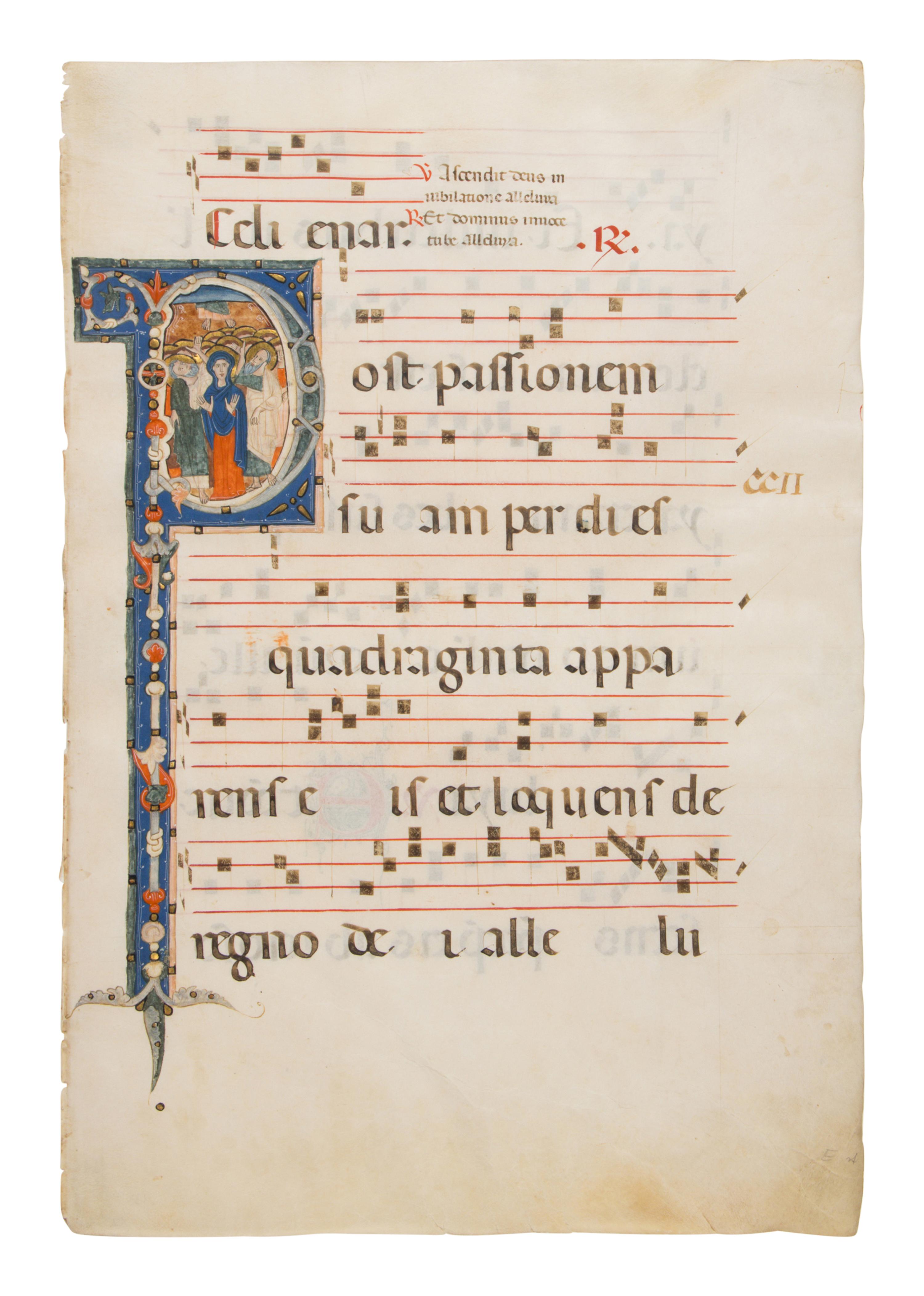 MASTER OF SANT’ALESSIO IN BIGIANO (active ca. 1275–1300) Leaf with a historiated initial ‘P’ of The Ascension from an Antiphonary, in Latin, illuminated manuscript on parchment [Florence, ca. 1280–1285]