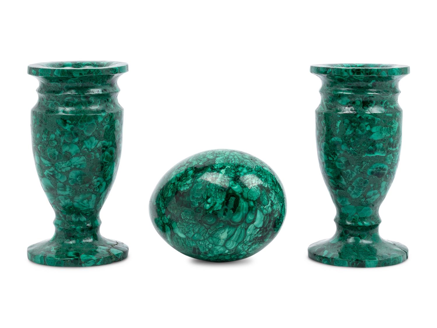 A Pair of Malachite Veneered Vases and a Malachite Egg