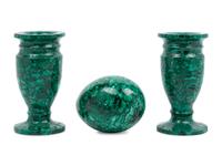 A Pair of Malachite Veneered Vases and a Malachite Egg