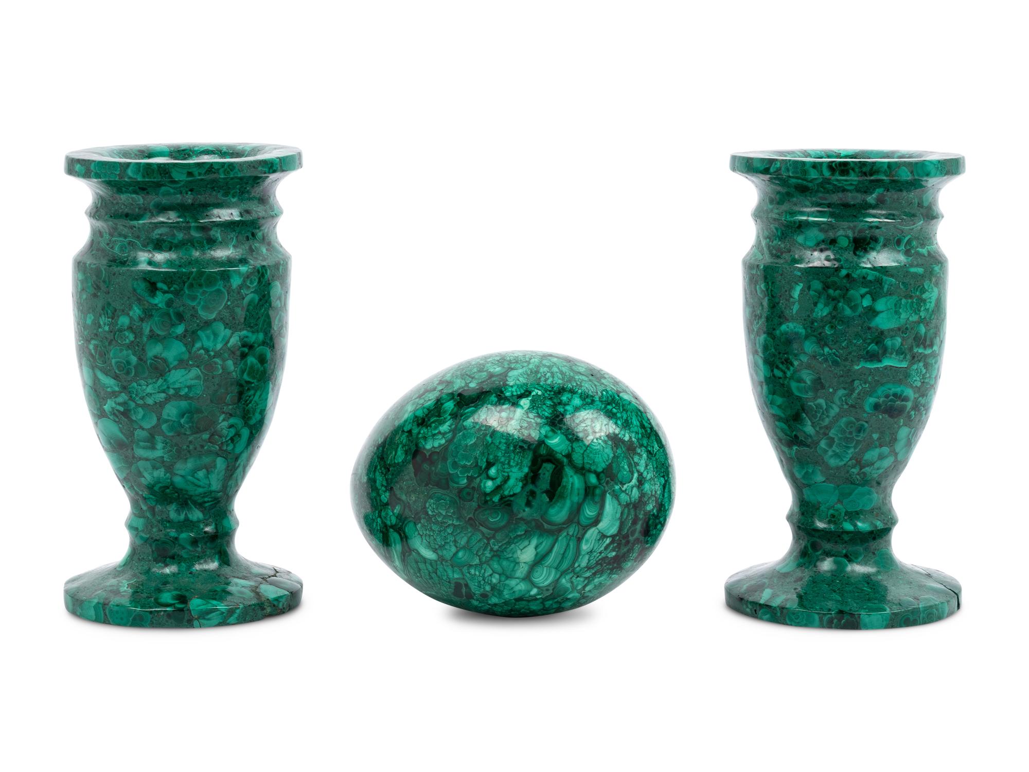 A Pair of Malachite Veneered Vases and a Malachite Egg