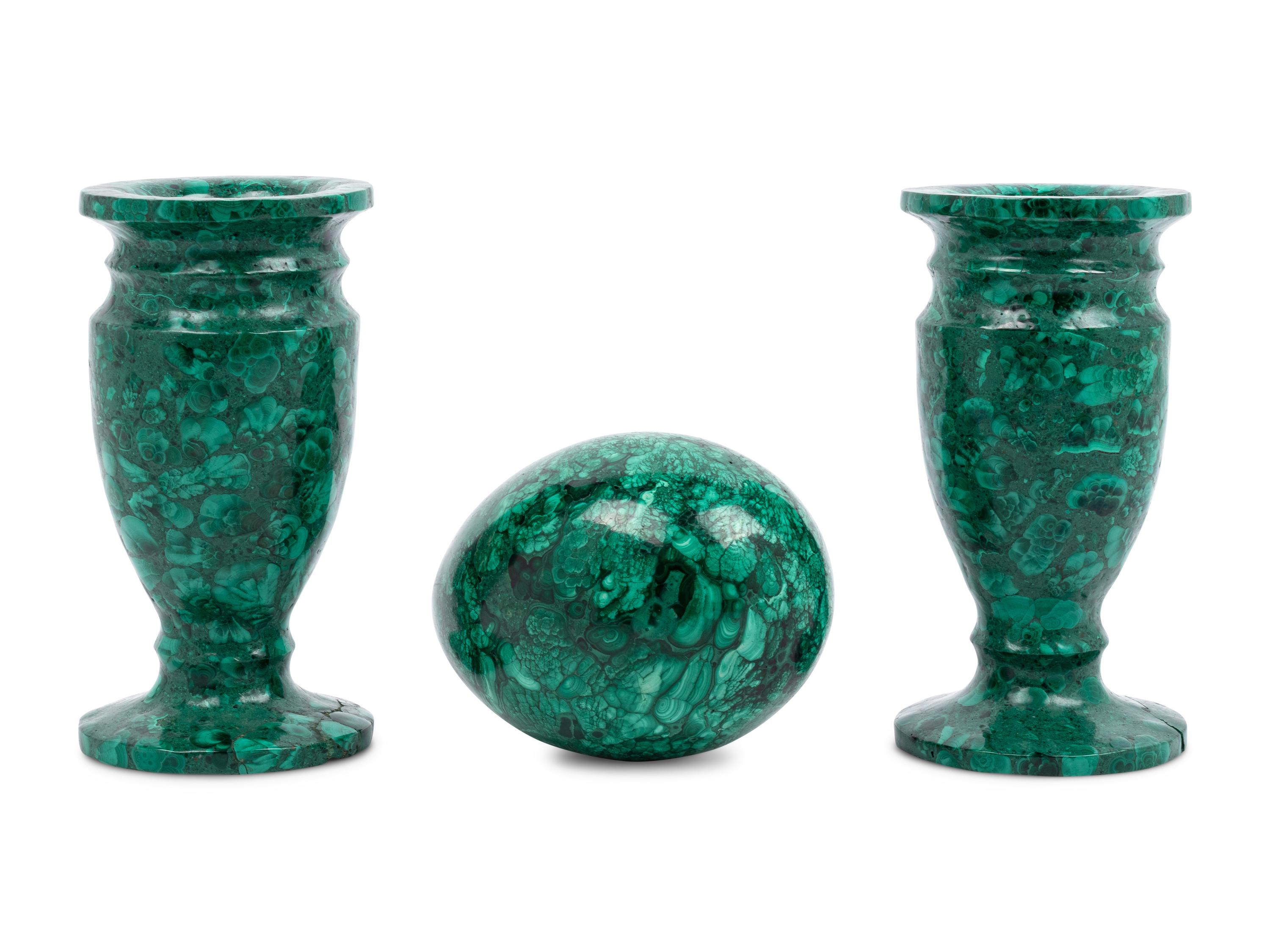 A Pair of Malachite Veneered Vases and a Malachite Egg