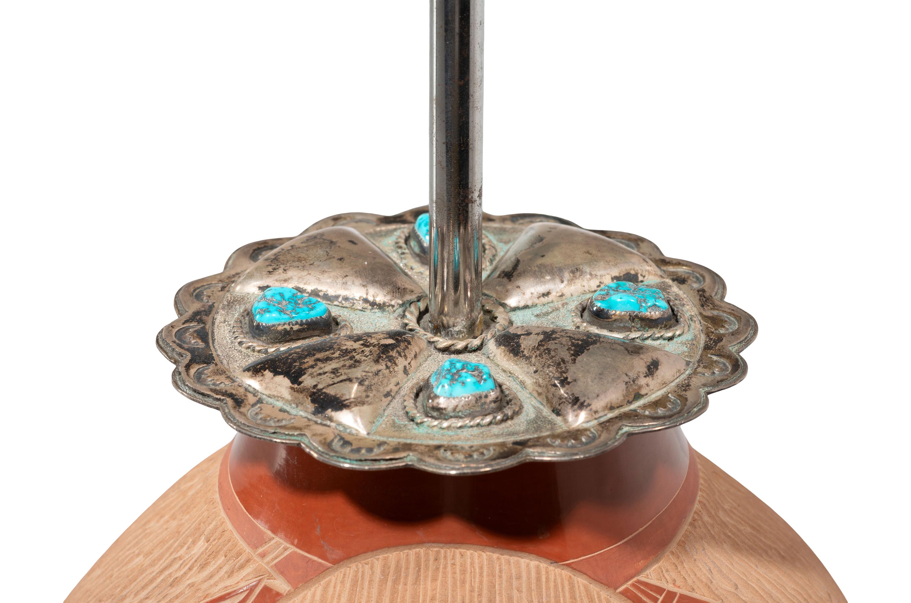 Sgraffito Lamp Base with Silver and Turquoise Concha
