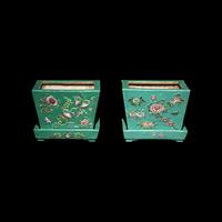 A Pair of Chinese Green Glazed and Famille Rose Porcelain Rectangular Planters, Late Qing/Republic Period 晚清/民國 綠地貼塑粉彩花卉四方花盆一對