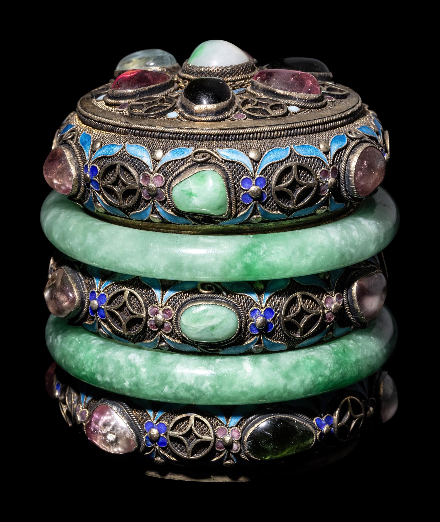 A Chinese Jadeite and Hardstone Inset Blue Enameled Silver Filigree Covered Box