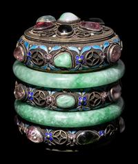 A Chinese Jadeite and Hardstone Inset Blue Enameled Silver Filigree Covered Box