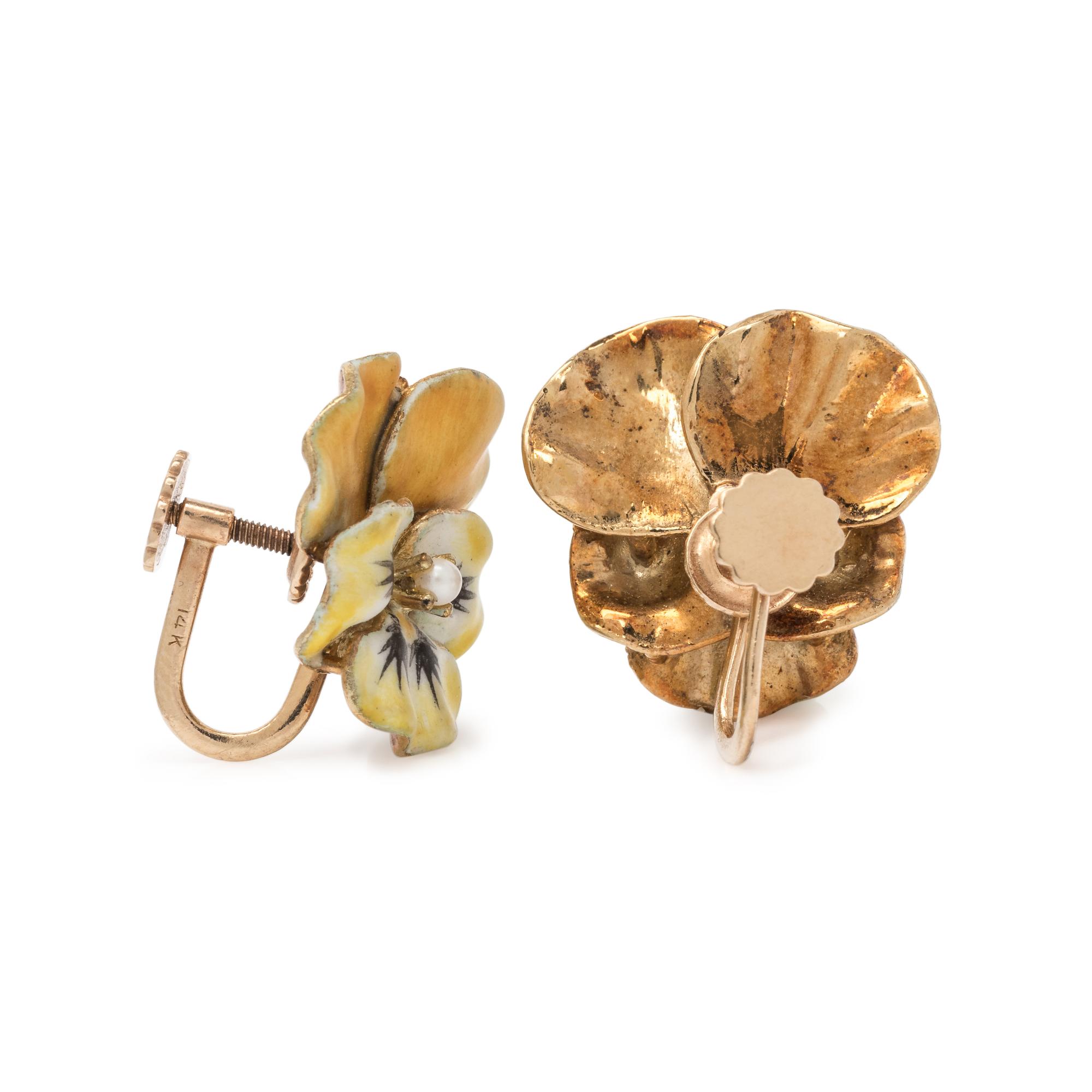 ENAMEL AND SEED PEARL PANSY EARCLIPS