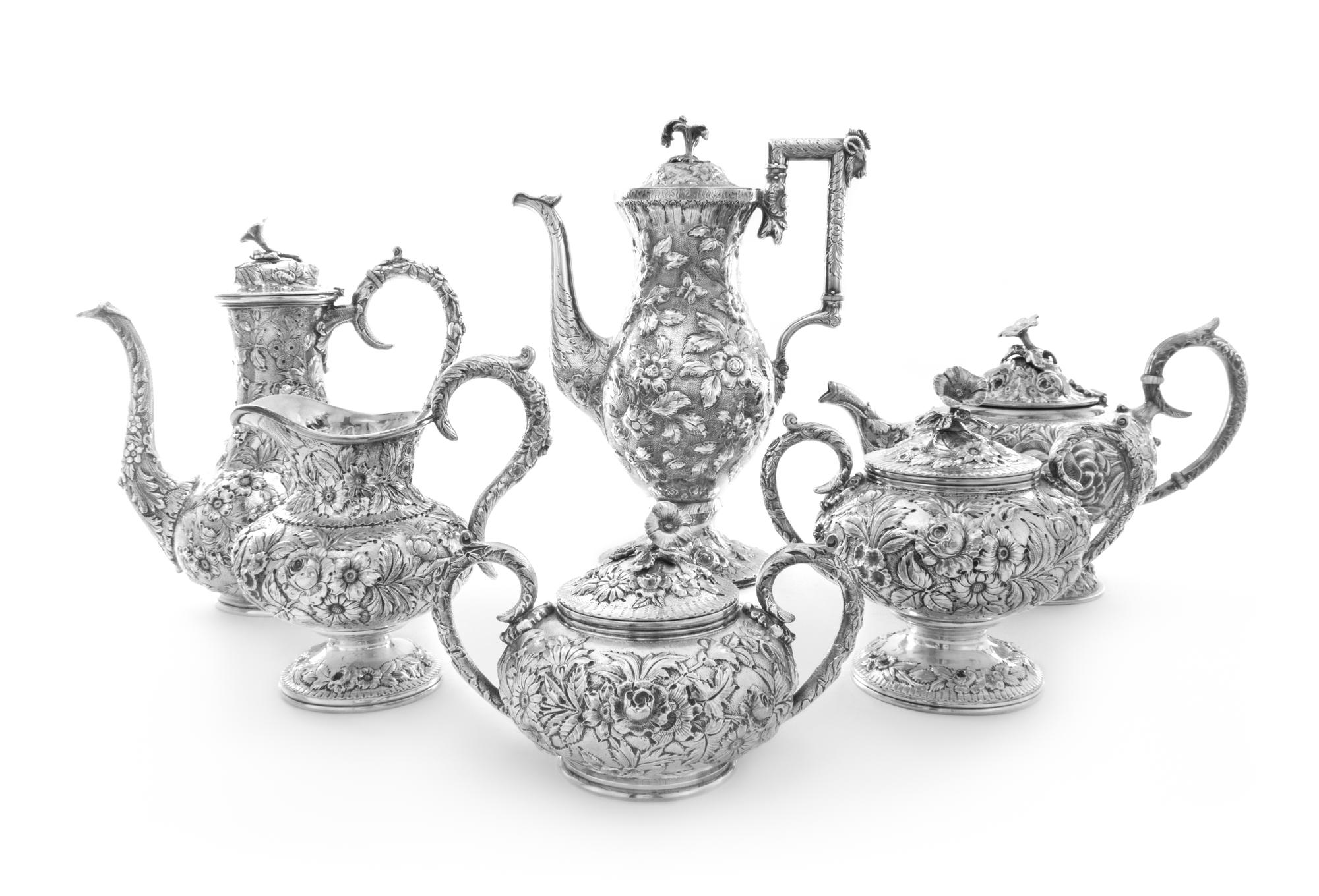 An American Silver Six-Piece Tea and Coffee Service, S. Kirk & Sons and Steiff Company, Baltimore, MD, comprising a coffee pot, teapot,