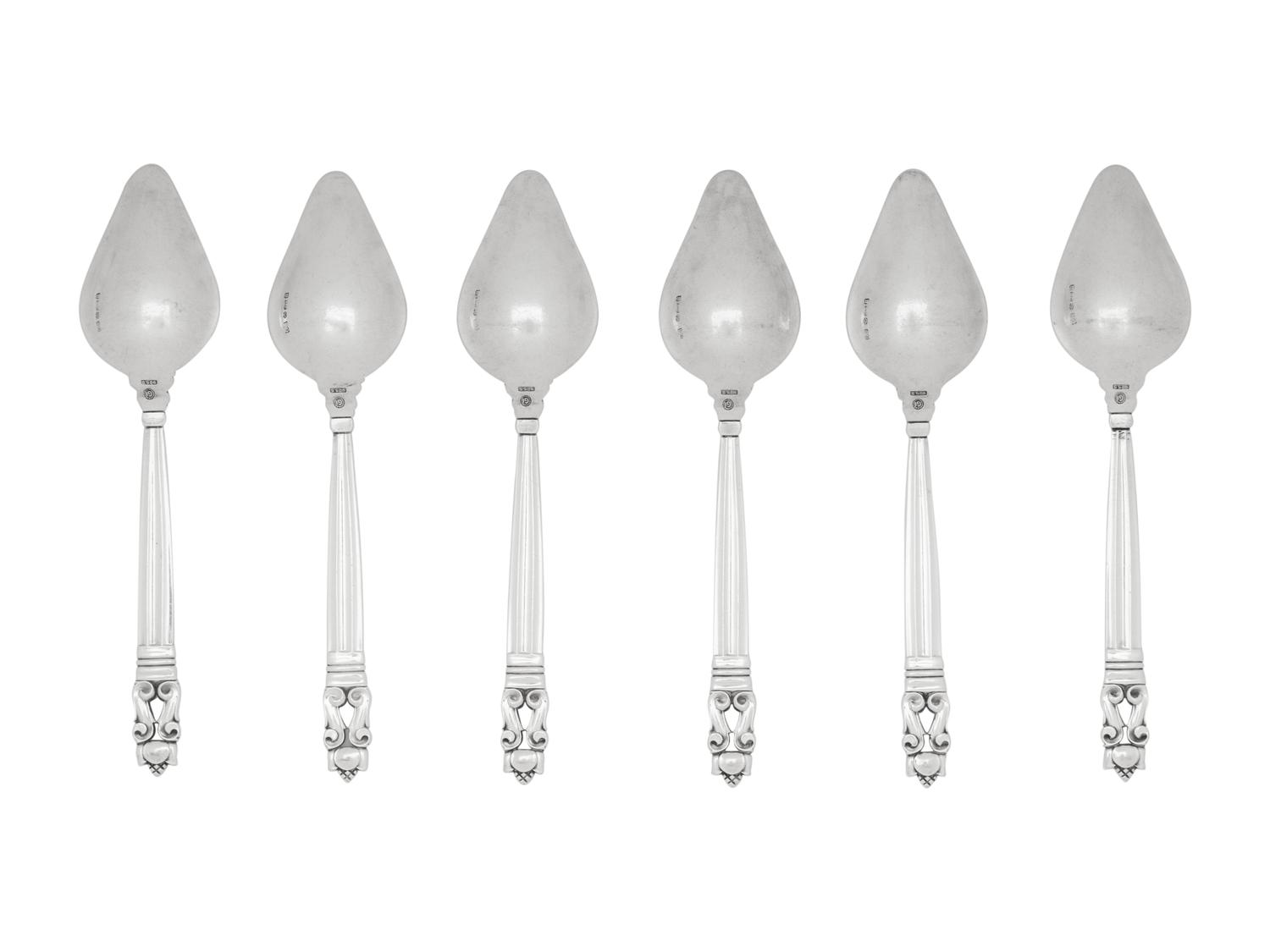 A Set of Six Georg Jensen Acorn Silver Grapefruit Spoons
