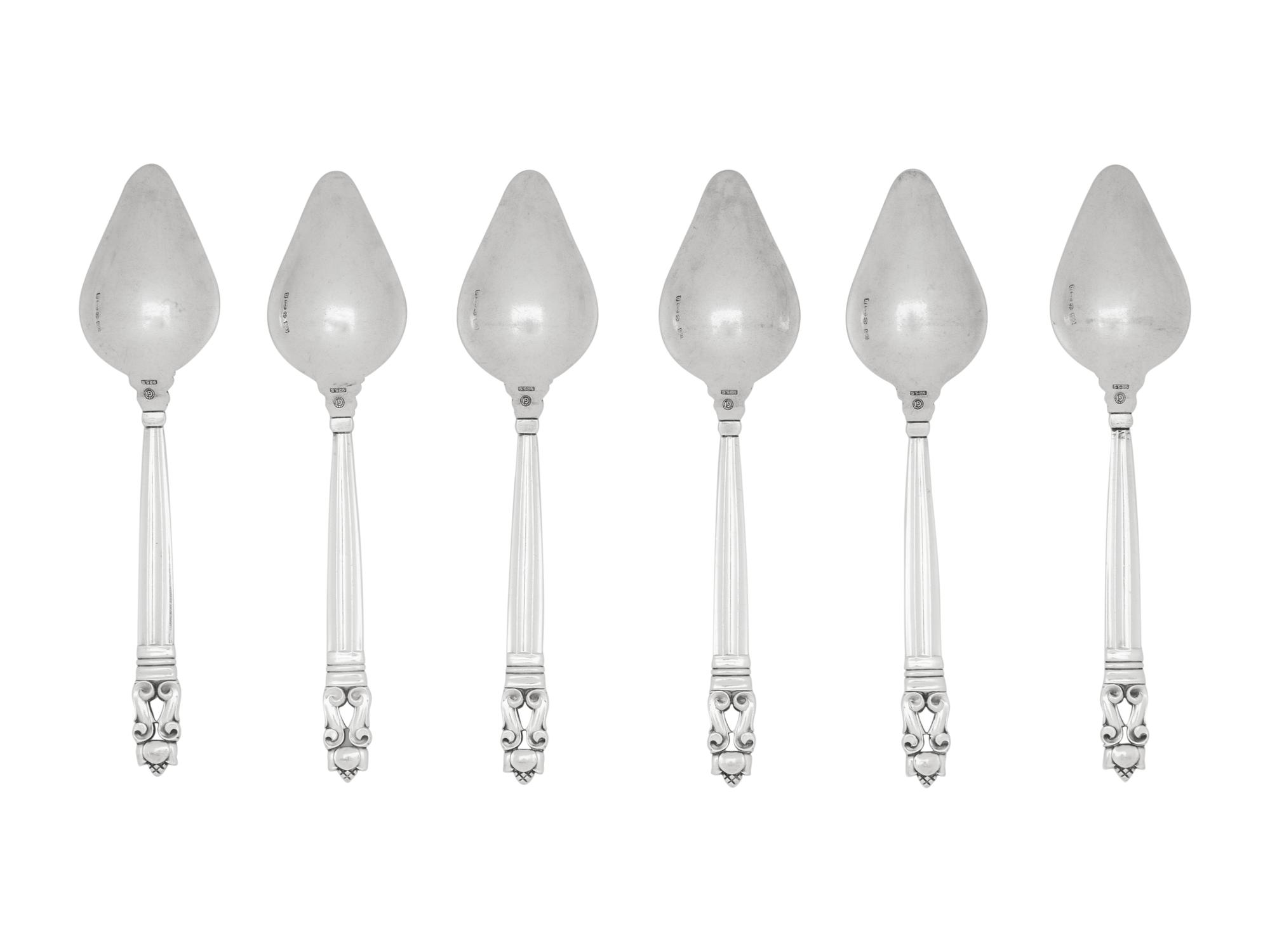 A Set of Six Georg Jensen Acorn Silver Grapefruit Spoons