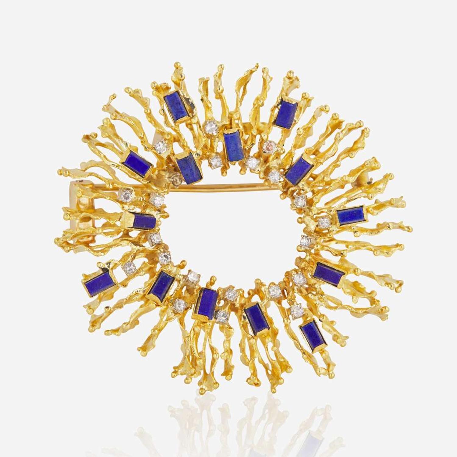 An 18K Yellow Gold, Diamond, and Lapiz Lazuli Pin Brutalist, c.1980