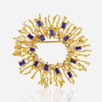 An 18K Yellow Gold, Diamond, and Lapiz Lazuli Pin Brutalist, c.1980