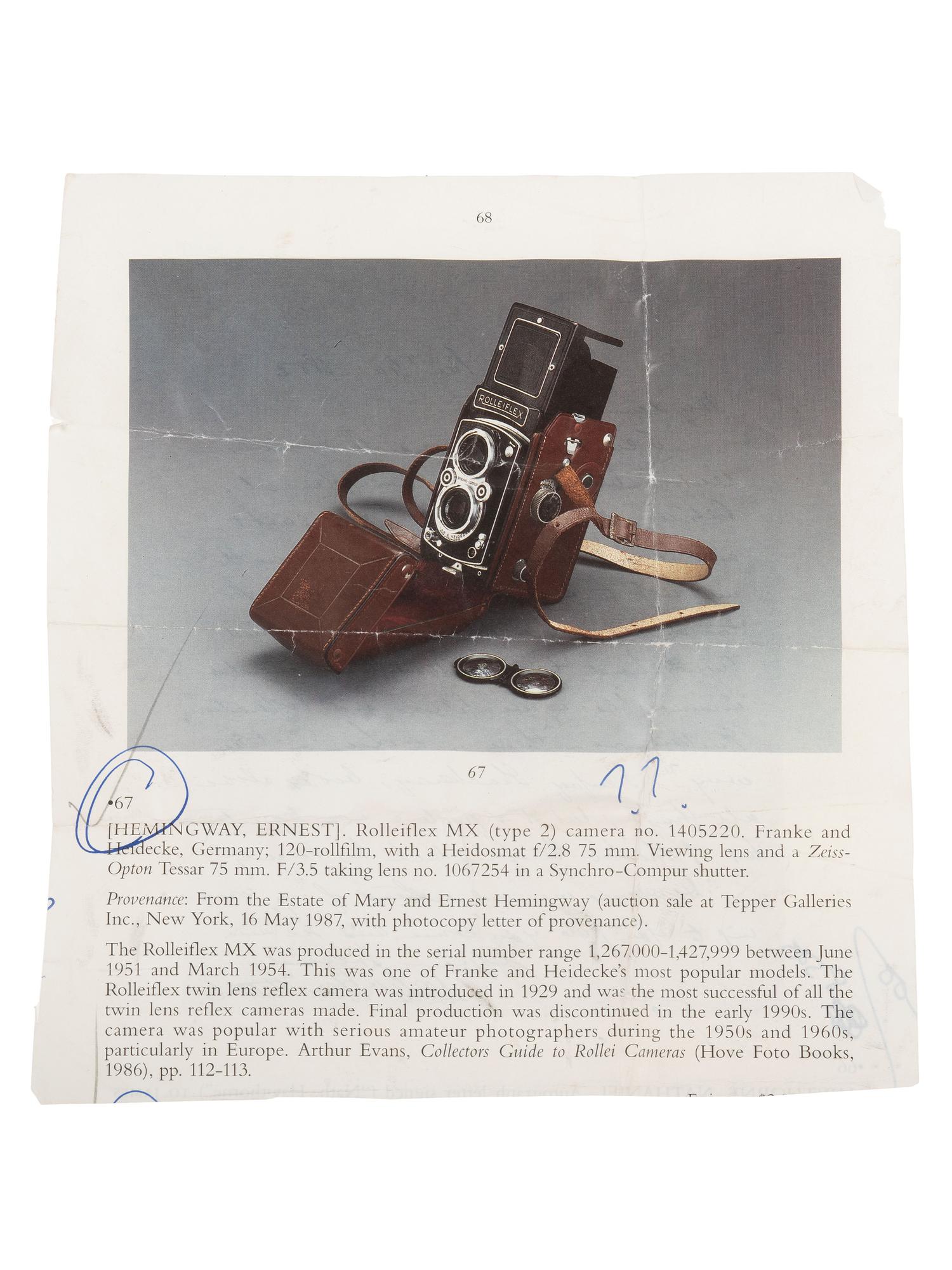 [HEMINGWAY, ERNEST (1899-1961)]. Hemingway's Rolleiflex MX camera.
