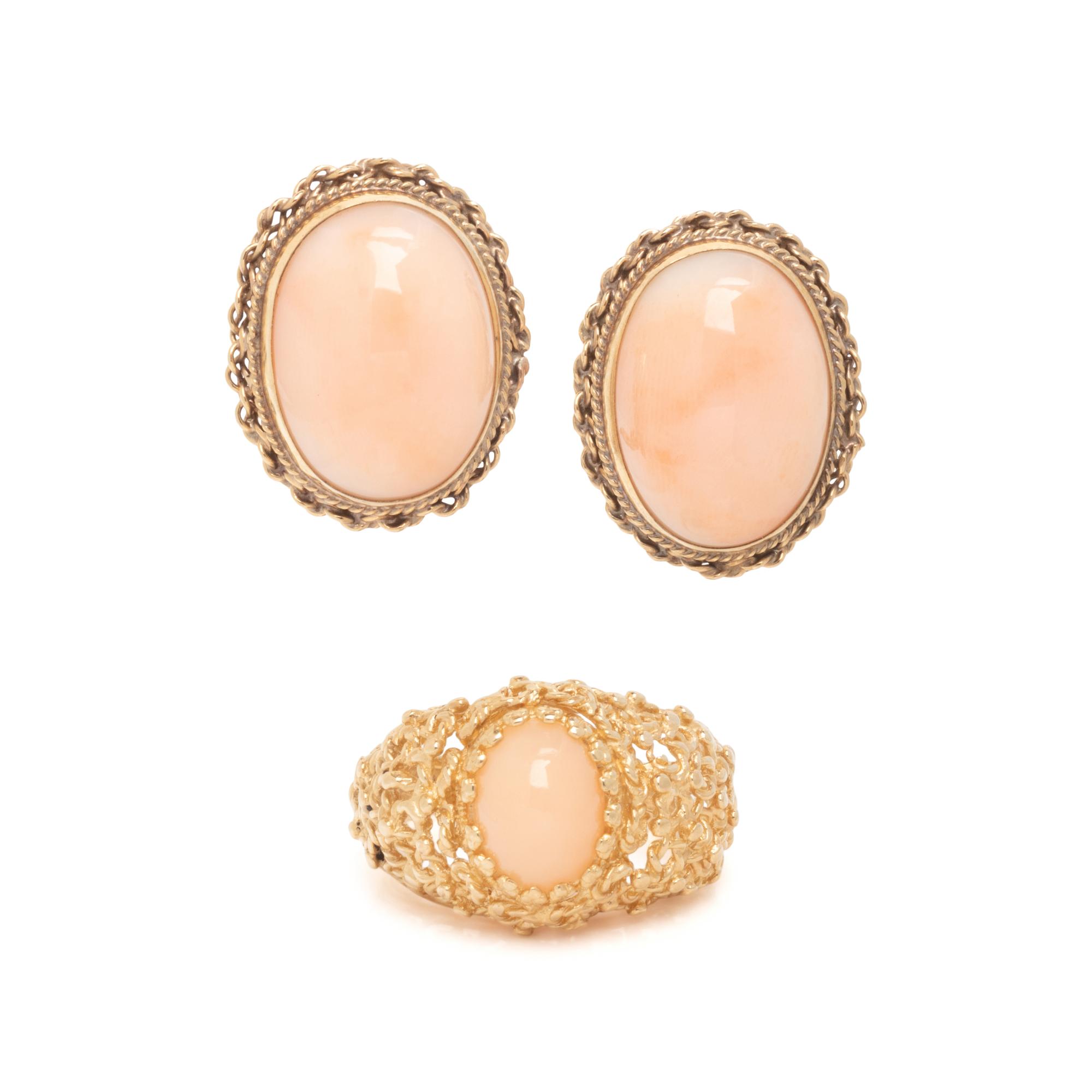 ANGEL SKIN CORAL RING AND CLIP EARRINGS
