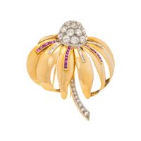 FRENCH, DIAMOND AND RUBY FLOWER PENDANT/BROOCH